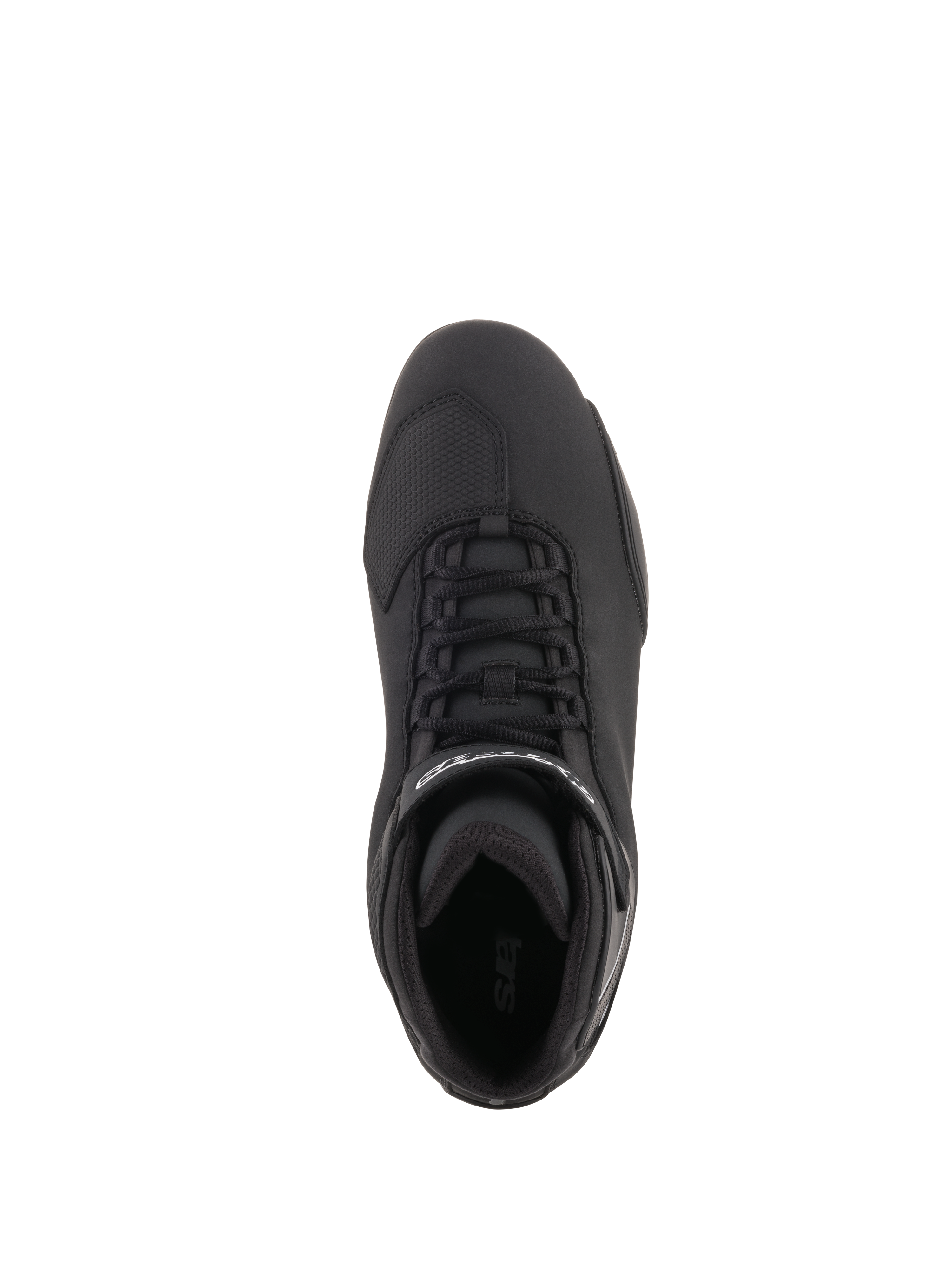 Scarpe Alpinestars Sektor, scarpe da moto, nero, vista dall'alto con sistema di allacciatura rapida, cinturino alla caviglia con logo bianco e zona della punta rinforzata, elegante struttura in microfibra
