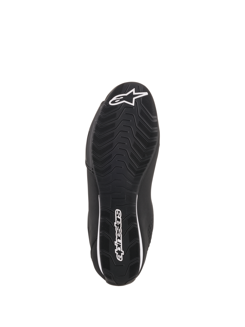 Scarpe Alpinestars Sektor, scarpe da moto nere, vista inferiore che mostra la suola in gomma testurizzata, logo a stella Alpinestars bianco sulla punta e branding sul tallone, progettate per aderenza e durata