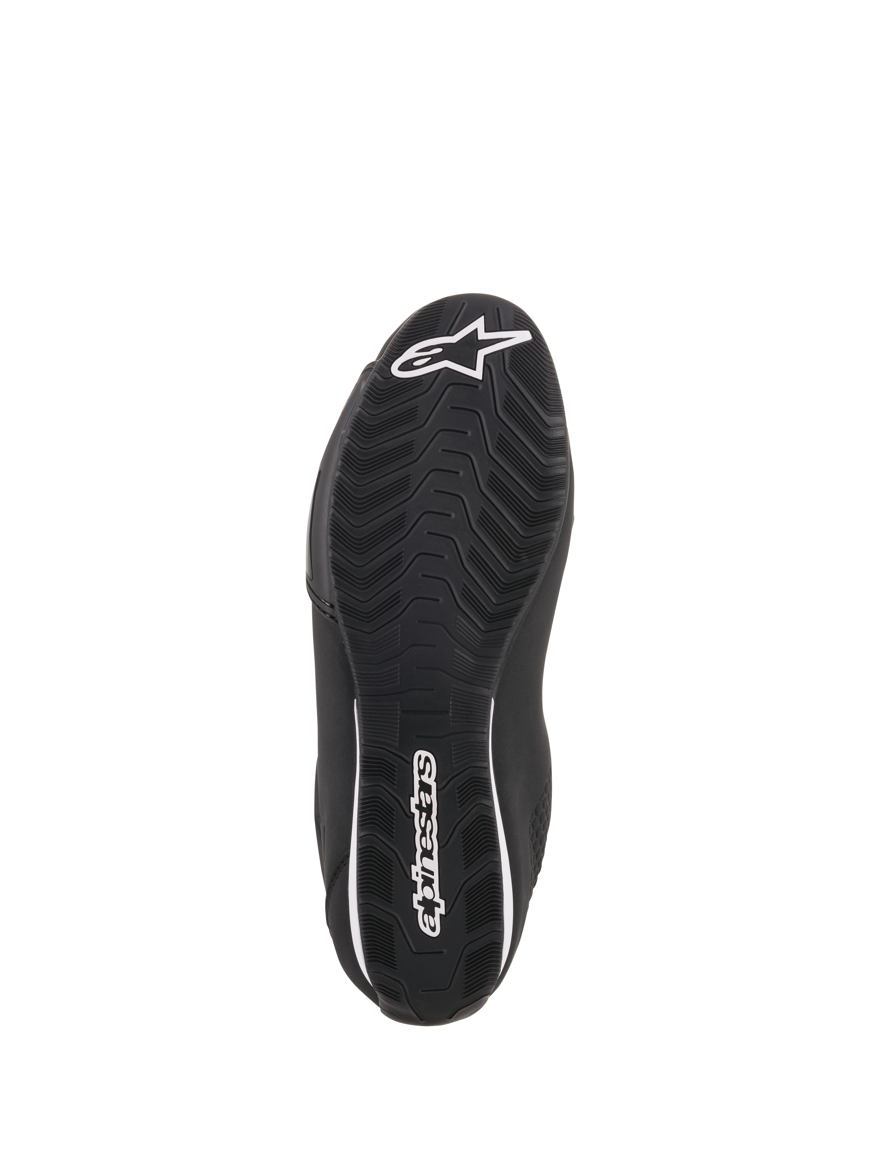 Scarpe Alpinestars Sektor, scarpe da moto nere, vista inferiore che mostra la suola in gomma testurizzata, logo a stella Alpinestars bianco sulla punta e branding sul tallone, progettate per aderenza e durata
