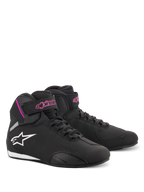 Alpinestars Scarpe Stella Sektor Donna, scarpe da moto, nero e fucsia, struttura in microfibra leggera, design a profilo alto con lacci rapidi e cinturino in velcro, marchio rosa e logo stella bianco, calzature protettive sportive