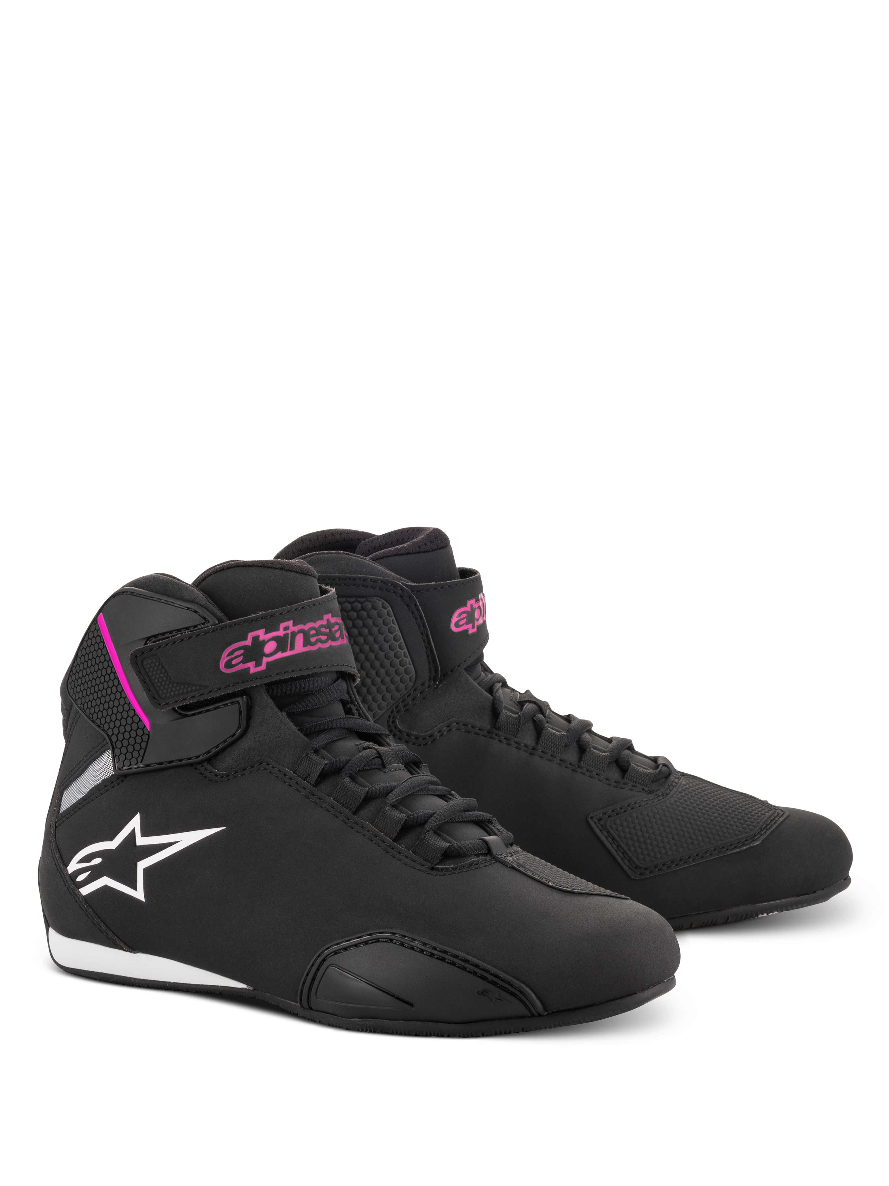 Alpinestars Scarpe Stella Sektor Donna, scarpe da moto, nero e fucsia, struttura in microfibra leggera, design a profilo alto con lacci rapidi e cinturino in velcro, marchio rosa e logo stella bianco, calzature protettive sportive