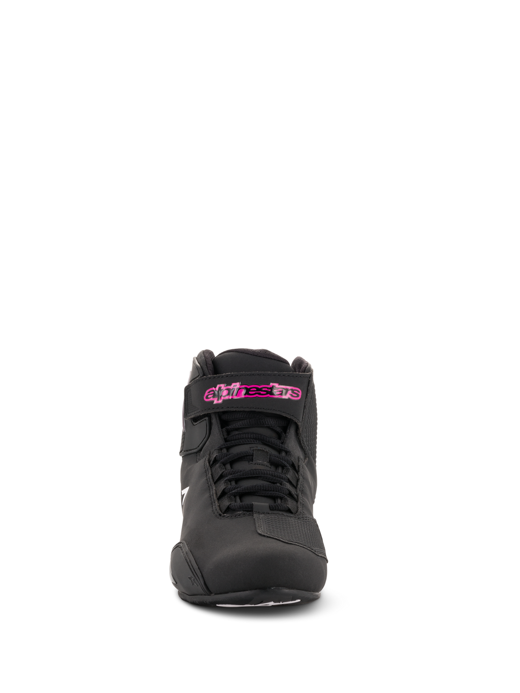 Alpinestars Scarpe Donna Stella Sektor, scarpe da moto, nero fucsia, vista frontale, realizzate in microfibra, lacci neri e logo fucsia sul cinturino alla caviglia, design sportivo ed elegante.