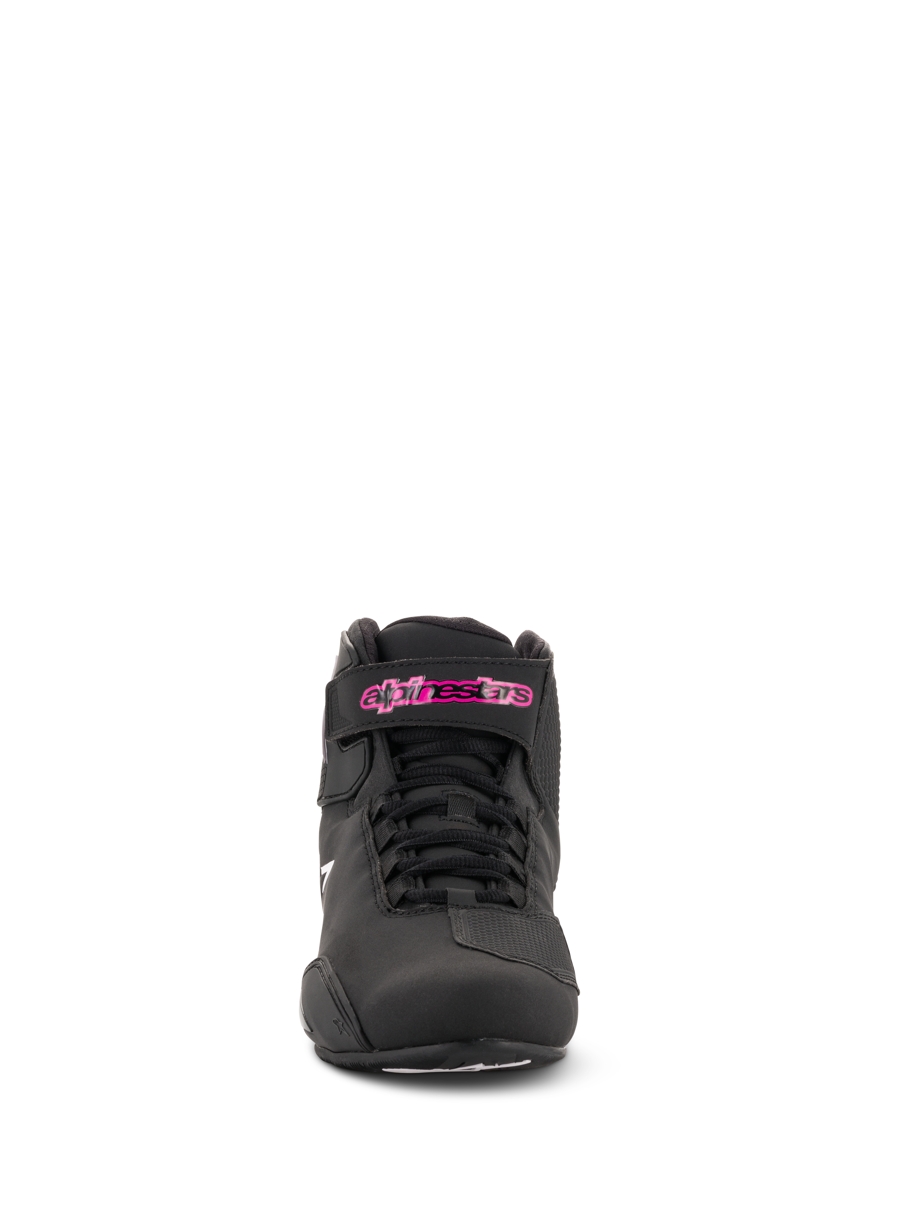 Alpinestars Scarpe Donna Stella Sektor, scarpe da moto, nero fucsia, vista frontale, realizzate in microfibra, lacci neri e logo fucsia sul cinturino alla caviglia, design sportivo ed elegante.