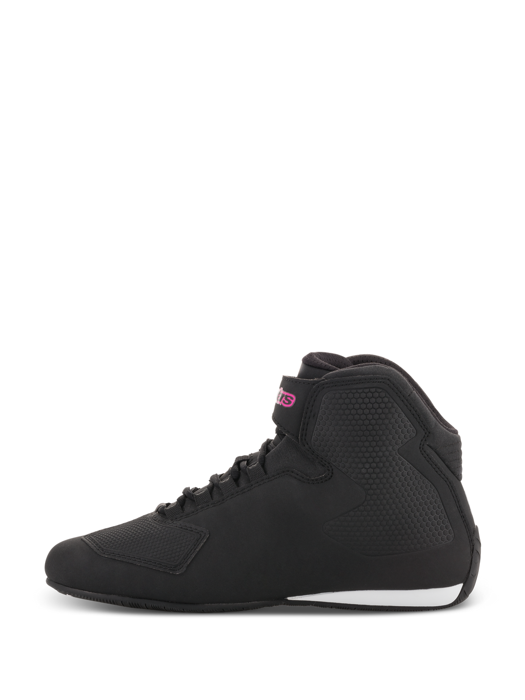 Alpinestars scarpe Stella Sektor da donna, scarpe da moto, nero e fucsia, profilo laterale con tomaia in microfibra nera, logo fucsia sul cinturino alla caviglia e dettaglio bianco sul tallone