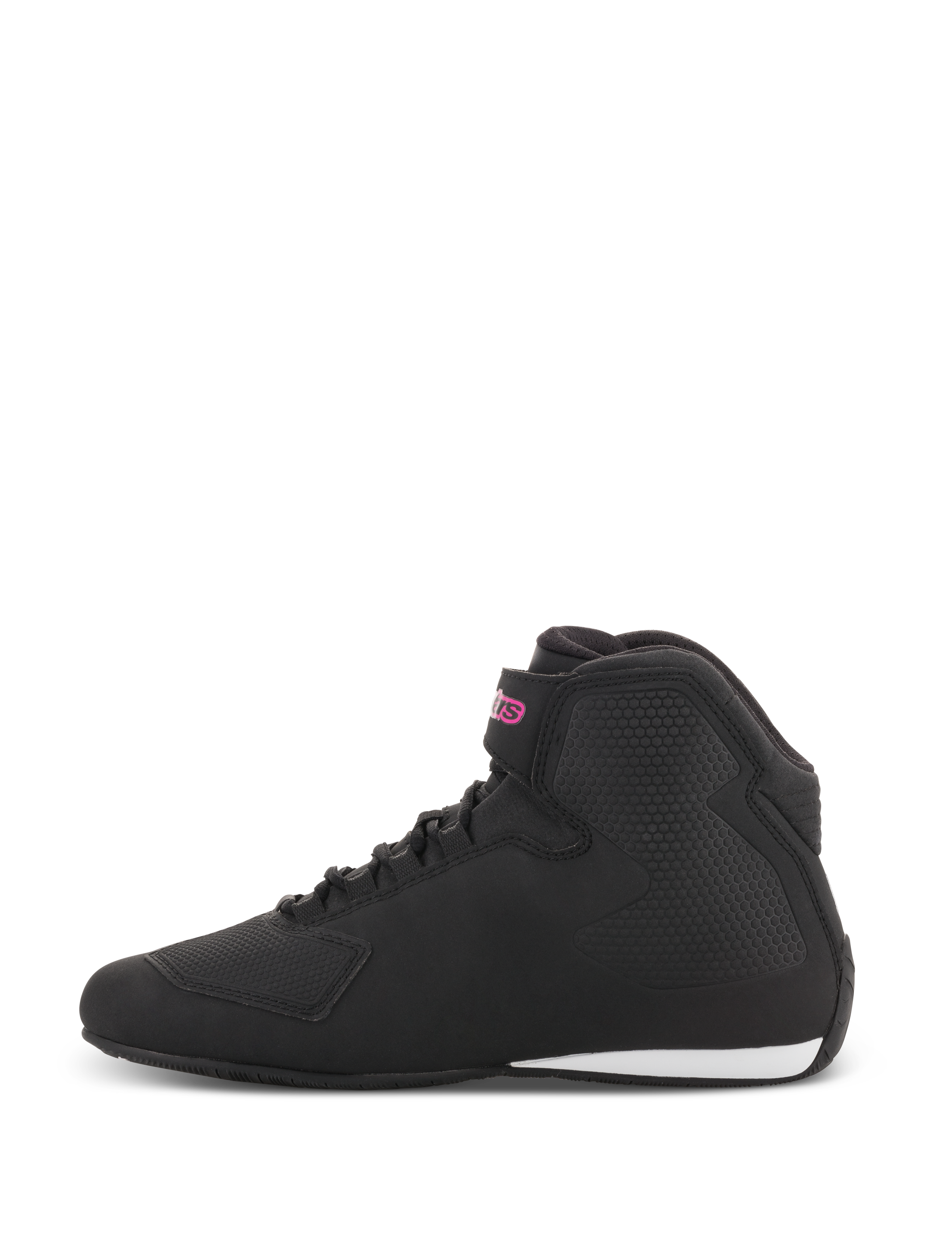 Alpinestars scarpe Stella Sektor da donna, scarpe da moto, nero e fucsia, profilo laterale con tomaia in microfibra nera, logo fucsia sul cinturino alla caviglia e dettaglio bianco sul tallone