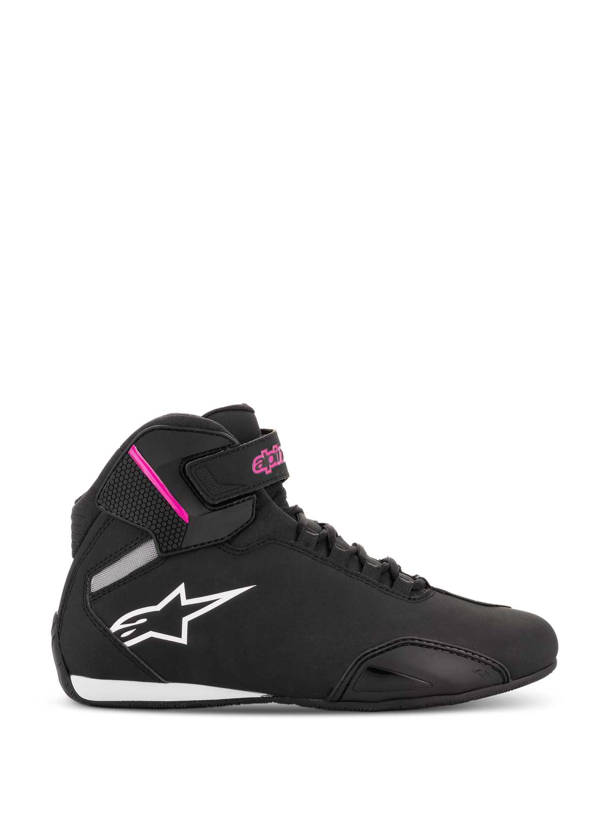 Alpinestars Stella Sektor, scarpe da moto alte da donna, nere e fucsia, logo a stella bianco, dettagli rosa sul cinturino alla caviglia, lacci neri, suola bianca e nera, costruzione in microfibra leggera
