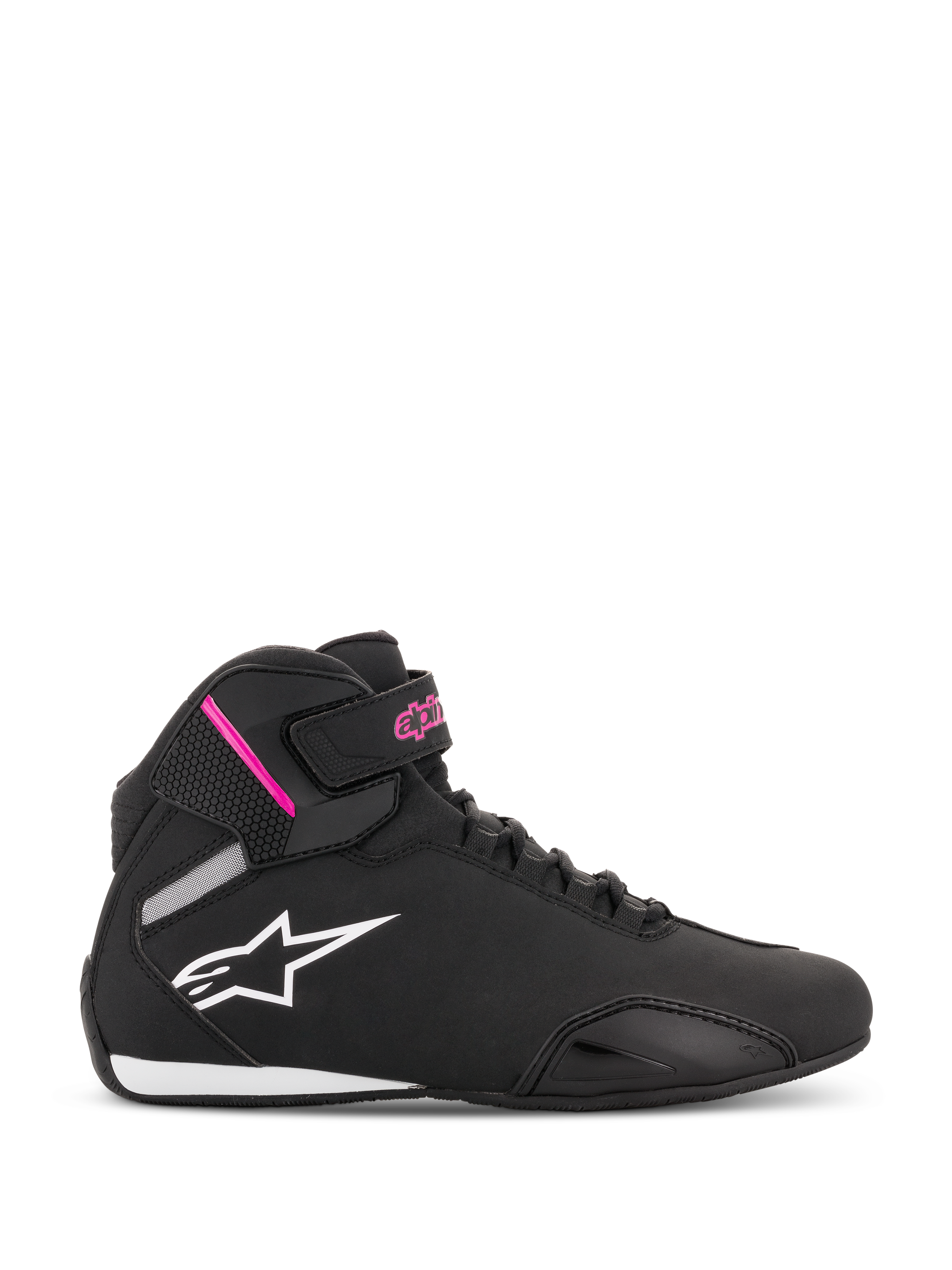 Alpinestars Stella Sektor, scarpe da moto alte da donna, nere e fucsia, logo a stella bianco, dettagli rosa sul cinturino alla caviglia, lacci neri, suola bianca e nera, costruzione in microfibra leggera