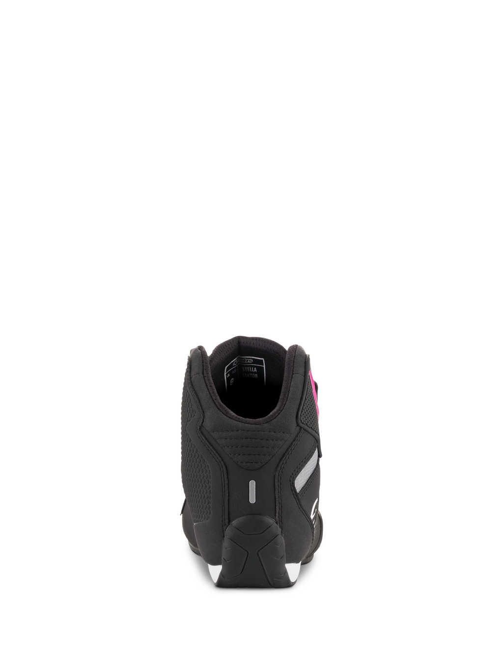 Scarpe Alpinestars Stella Sektor da donna, nero e fucsia, vista posteriore con costruzione del tallone e dettaglio riflettente, calzature da moto in microfibra leggera