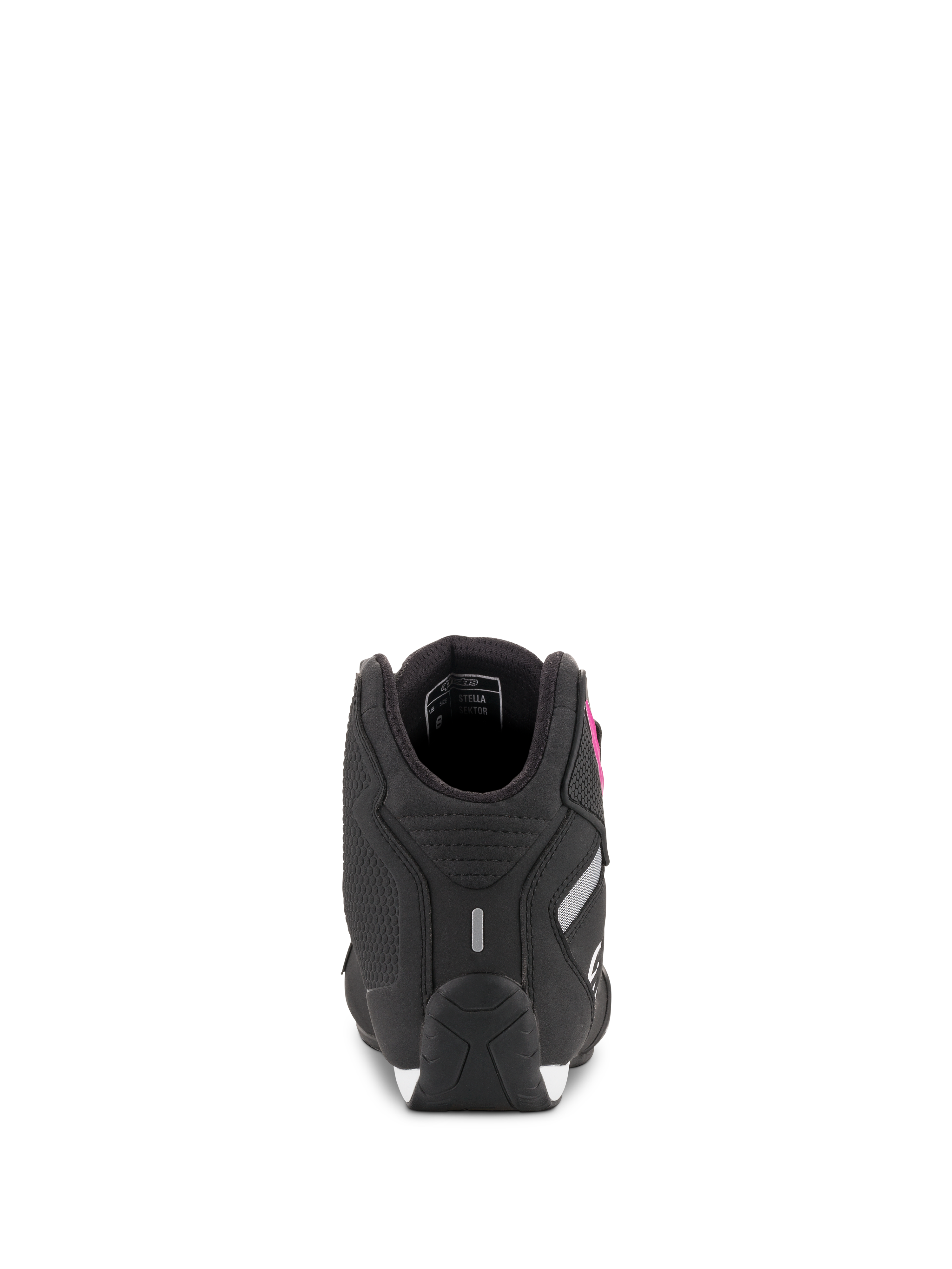 Scarpe Alpinestars Stella Sektor da donna, nero e fucsia, vista posteriore con costruzione del tallone e dettaglio riflettente, calzature da moto in microfibra leggera