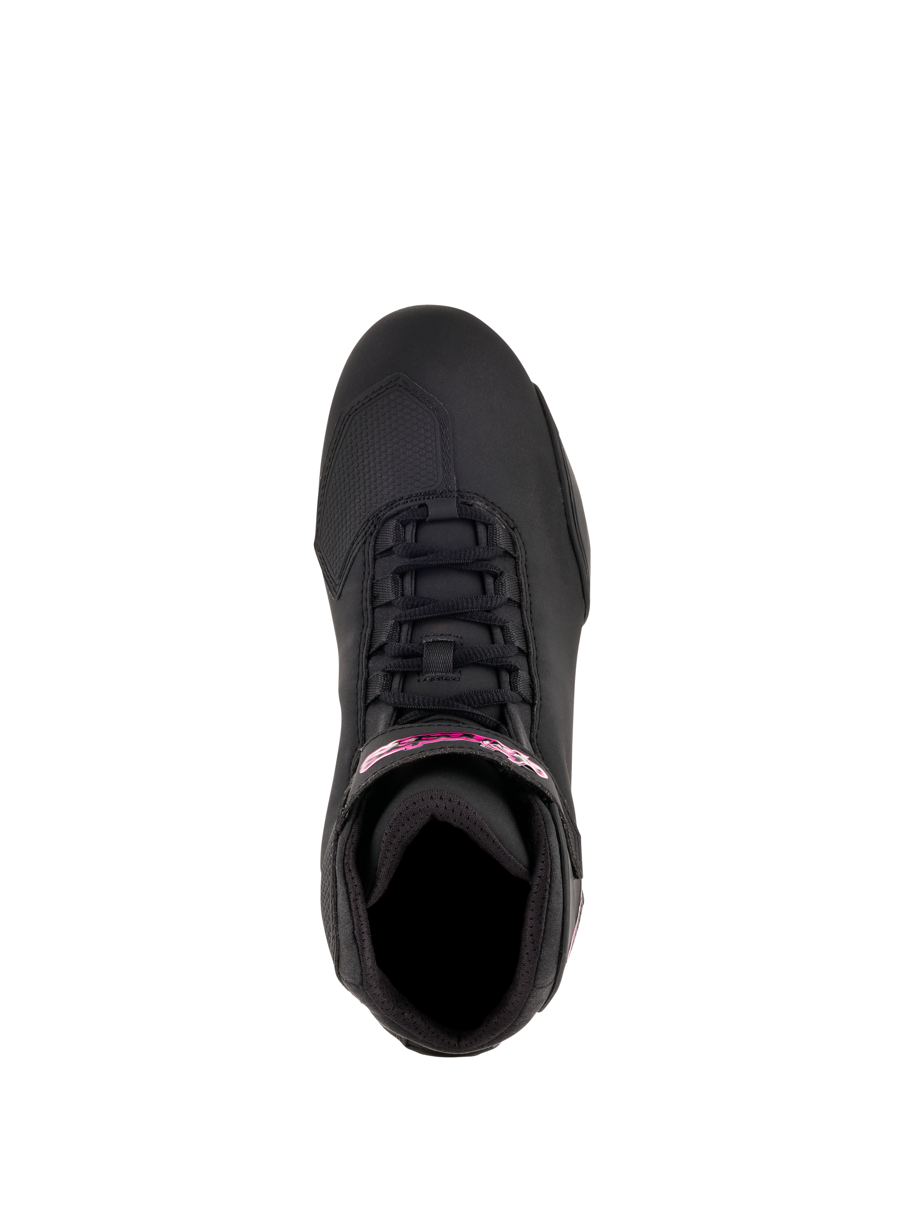 Alpinestars Scarpe Donna Stella Sektor, scarpe da moto, nero e fucsia, vista dall'alto che mostra il sistema di allacciatura rapida e il logo fucsia sul cinturino alla caviglia, struttura in microfibra leggera dal profilo sportivo elegante