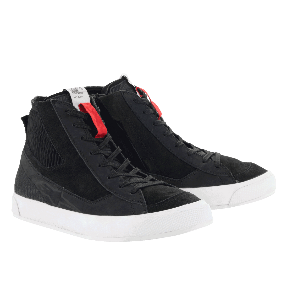 Scarpe Alpinestars Stated, scarpe da moto urbane, nero con suola bianca, stile sneaker street retrò, design high-top in nabuk e scamosciato, lacci classici con accenti rossi, calzatura protettiva per la guida urbana