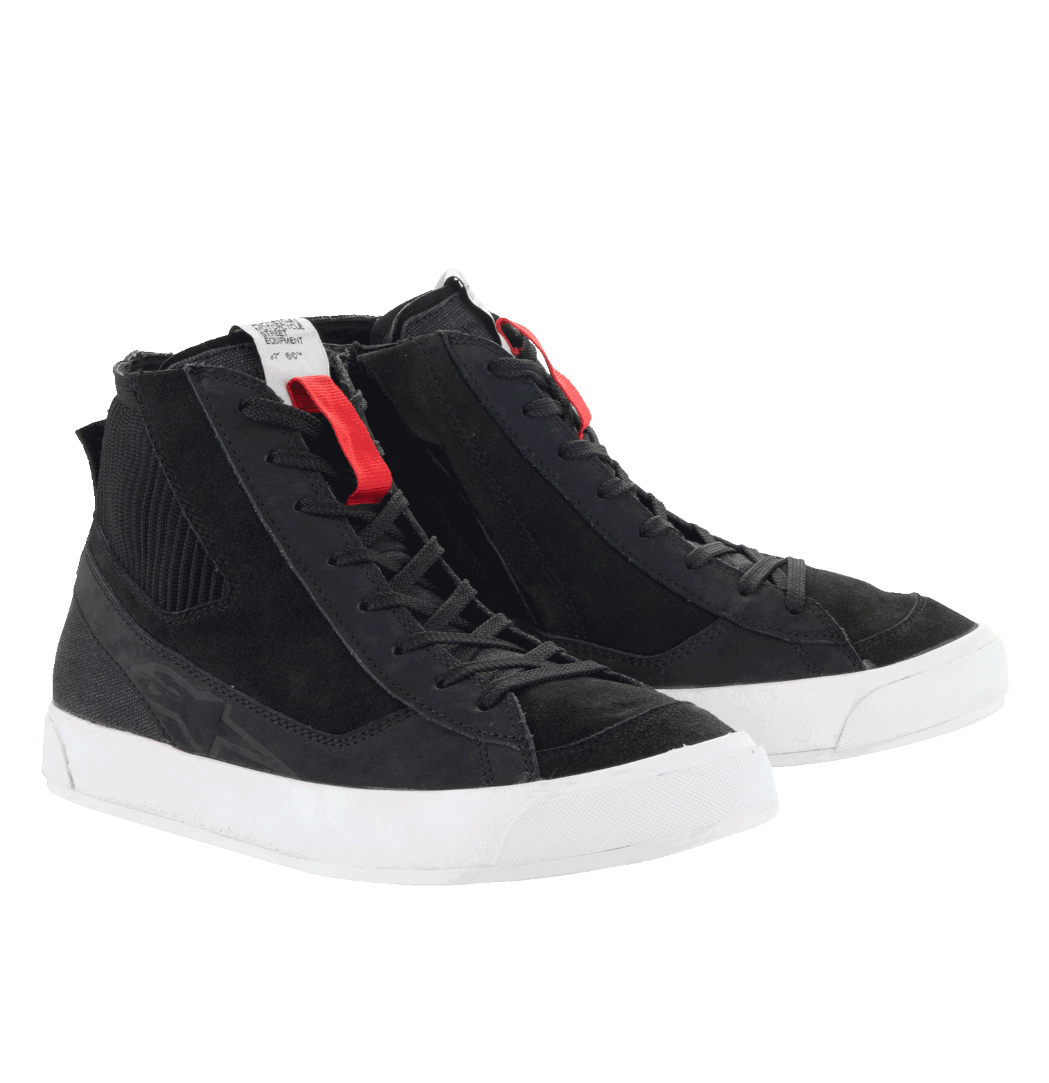 Scarpe Alpinestars Stated, scarpe da moto urbane, nero con suola bianca, stile sneaker street retrò, design high-top in nabuk e scamosciato, lacci classici con accenti rossi, calzatura protettiva per la guida urbana