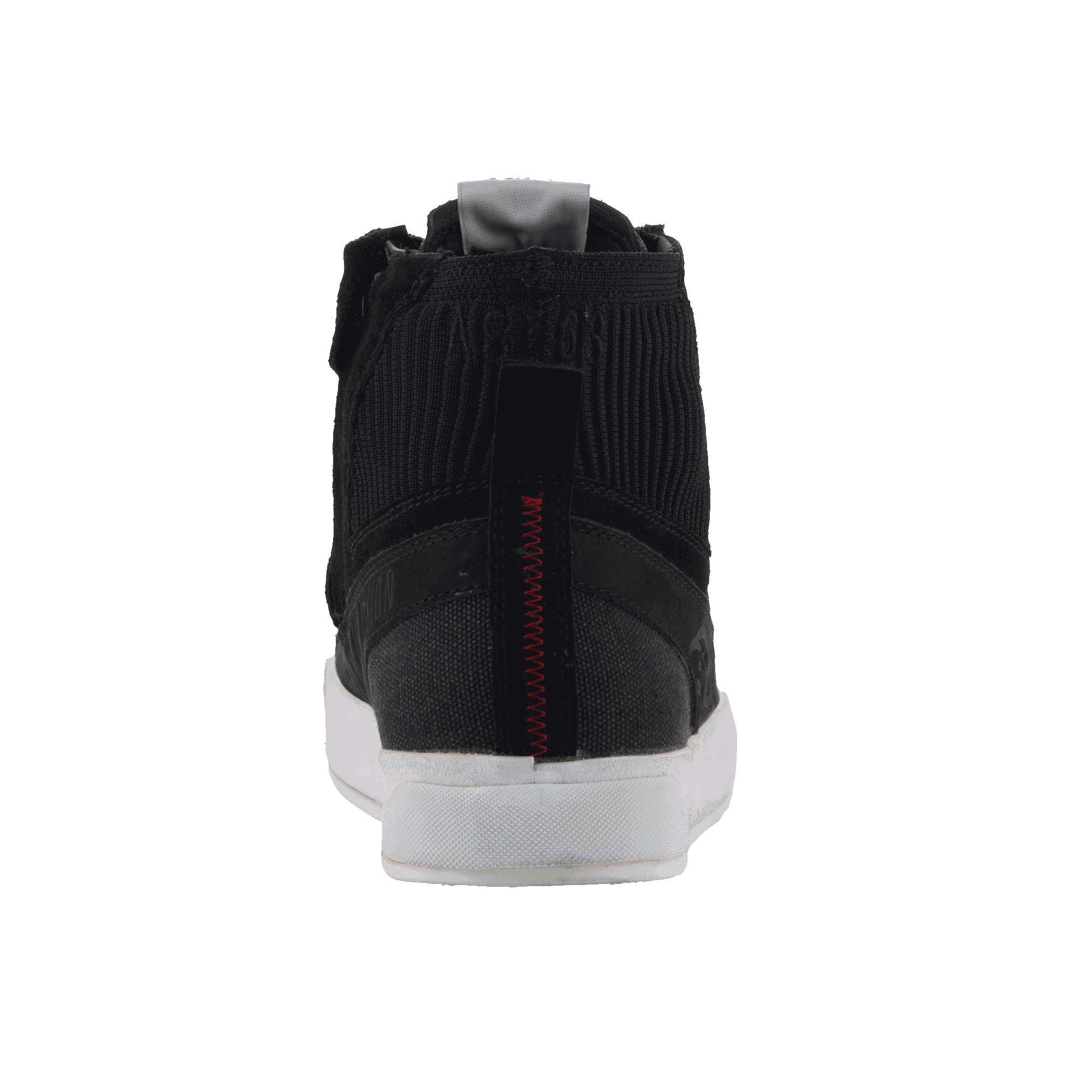 Alpinestars Stated Shoes, vista posteriore, nero con suola vulcanizzata bianca, con colletto alla caviglia in maglia a coste, cuciture a zig-zag rosse sul tallone e linguetta grigia, calzature da moto urbane