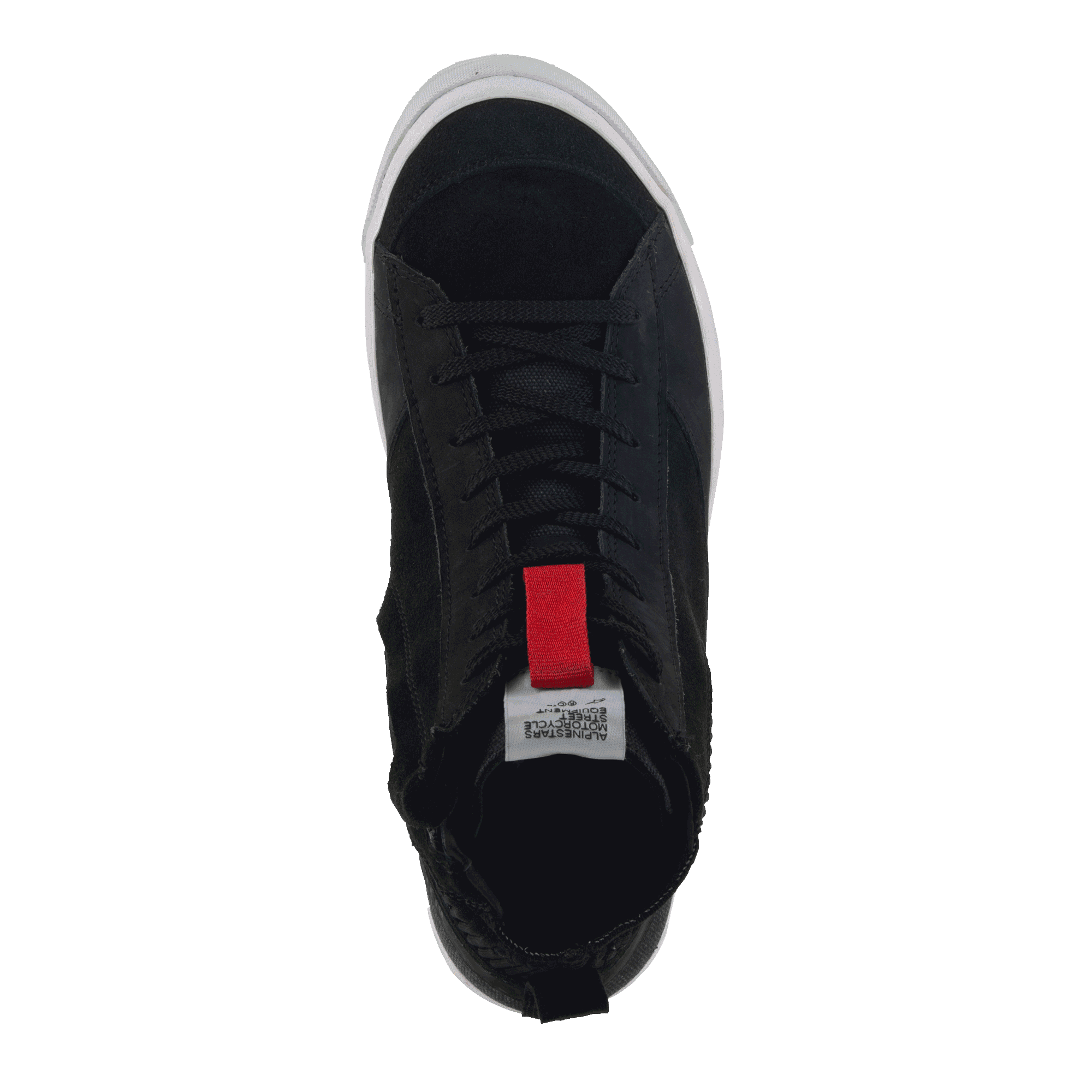 Scarpe Alpinestars Stated, scarpe da moto urbane, nero, vista dall'alto con lacci neri, tirante rosso sulla linguetta e bordo della suola vulcanizzata bianco, design minimalista ispirato allo skate per la guida su strada