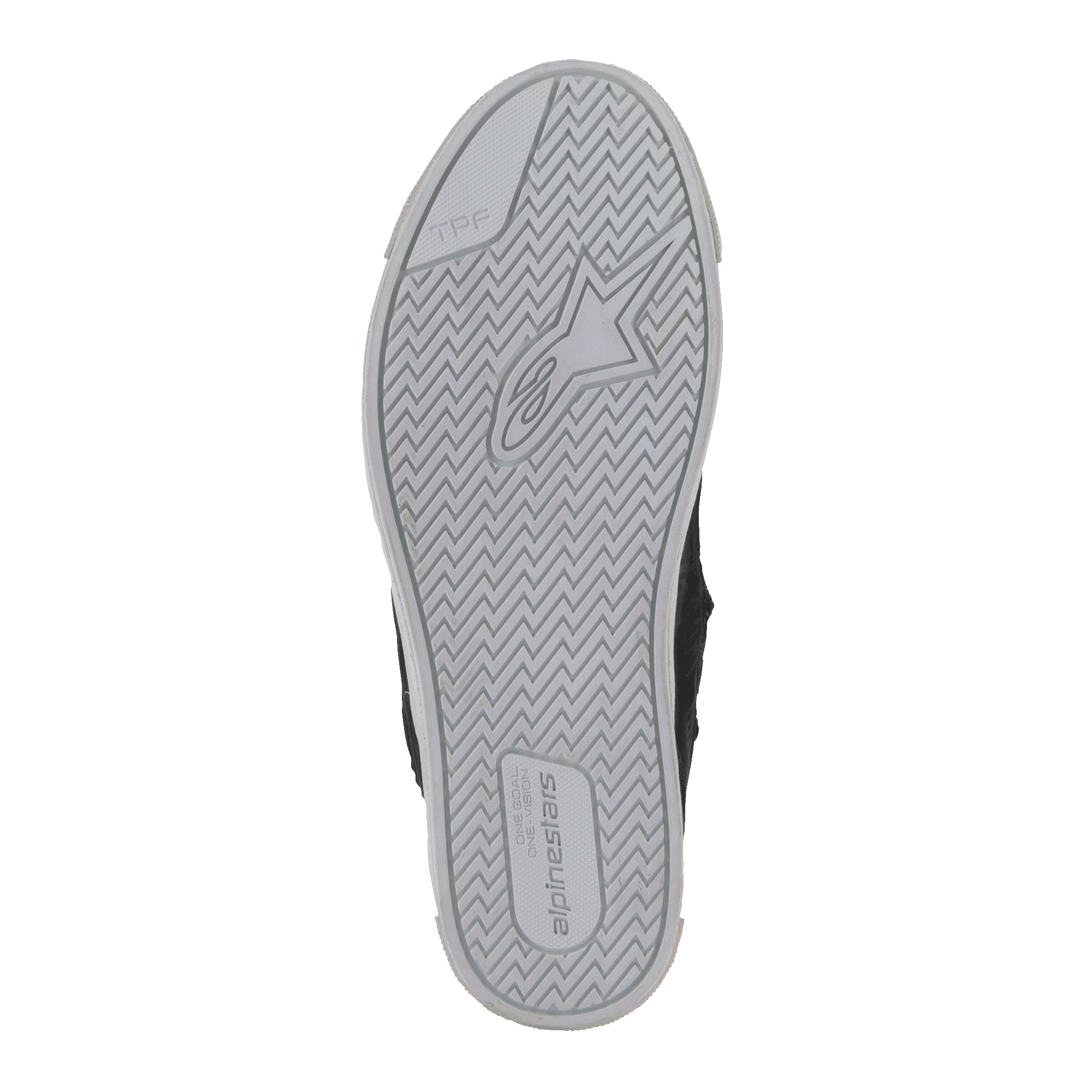 Scarpe Alpinestars Stated, vista inferiore della suola, gomma vulcanizzata grigio chiaro con motivo di trazione a spina di pesce, con logo a stella Alpinestars e marchio TPF, dettaglio scarpa da moto urbana