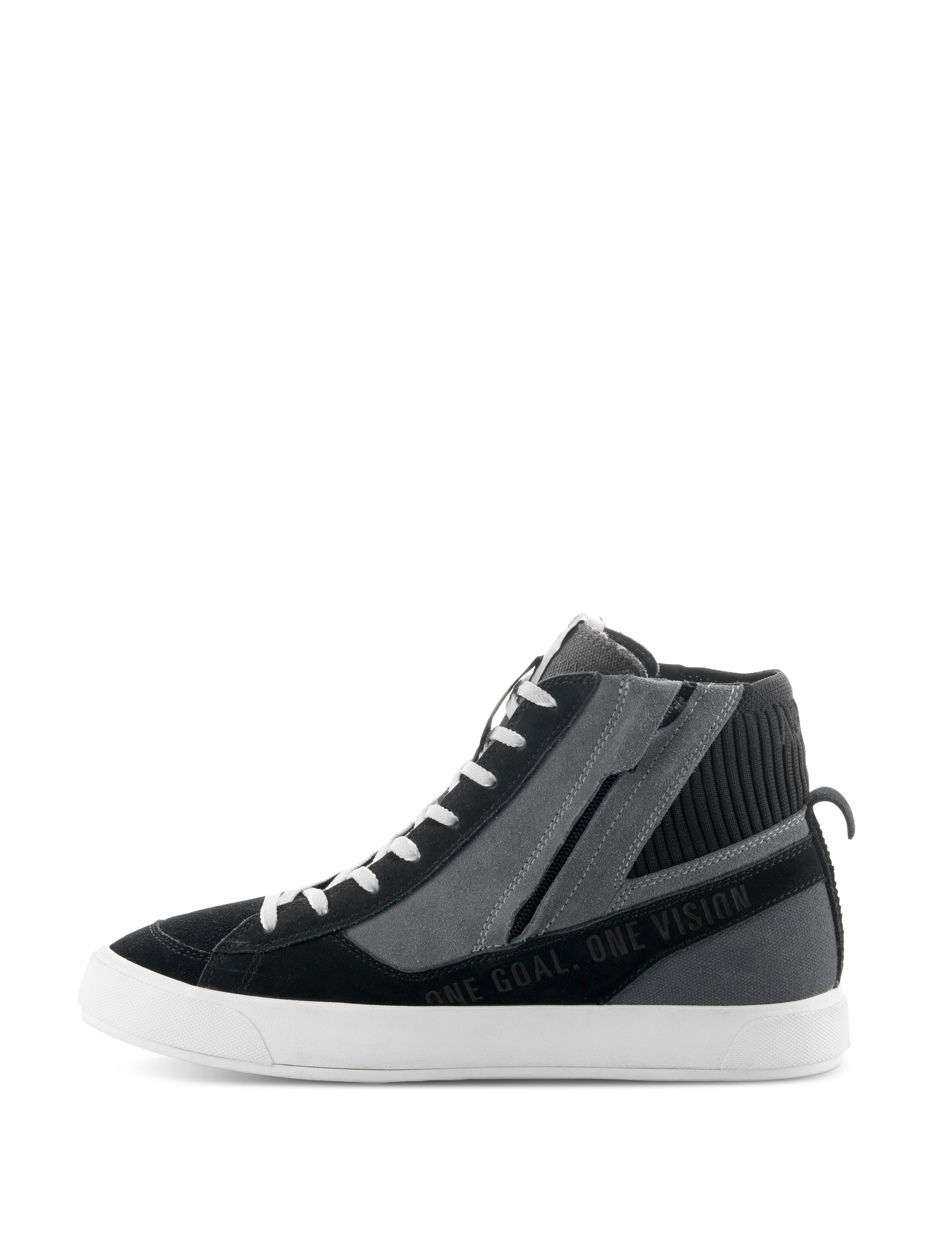 Alpinestars Stated Shoes, scarpe da moto urbane, nero grigio e bianco, profilo laterale con design sneaker alta, zip laterale, suola vulcanizzata bianca e scritta "ONE GOAL. ONE VISION"