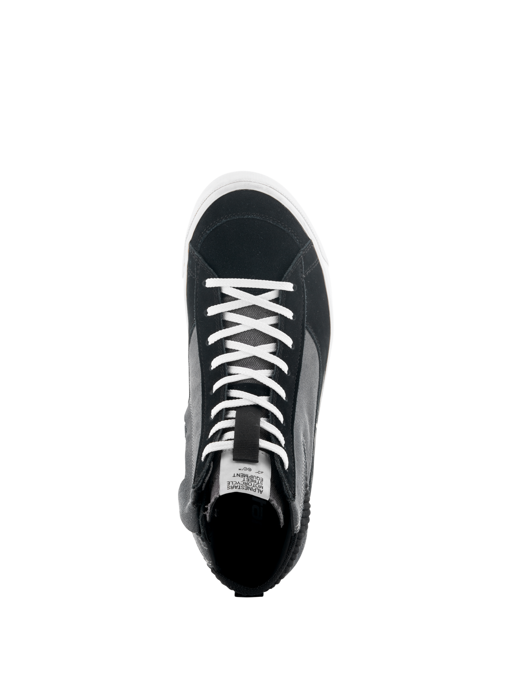 Alpinestars Scarpe Stated, vista dall'alto di sneaker da moto nera, grigia e bianca, con lacci bianchi, tomaia in scamosciato e tela, suola vulcanizzata bianca, calzatura da guida urbana
