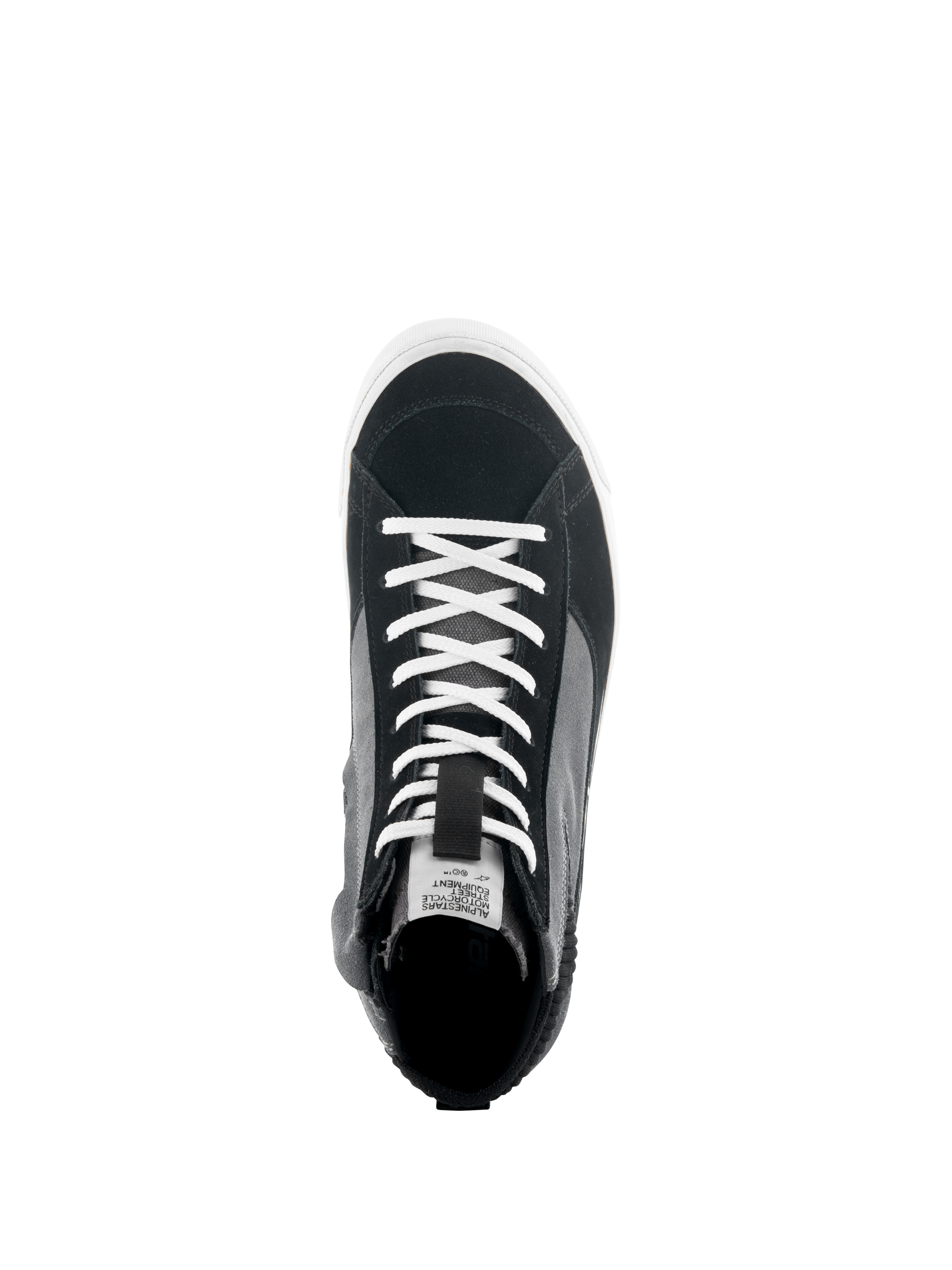 Alpinestars Scarpe Stated, vista dall'alto di sneaker da moto nera, grigia e bianca, con lacci bianchi, tomaia in scamosciato e tela, suola vulcanizzata bianca, calzatura da guida urbana