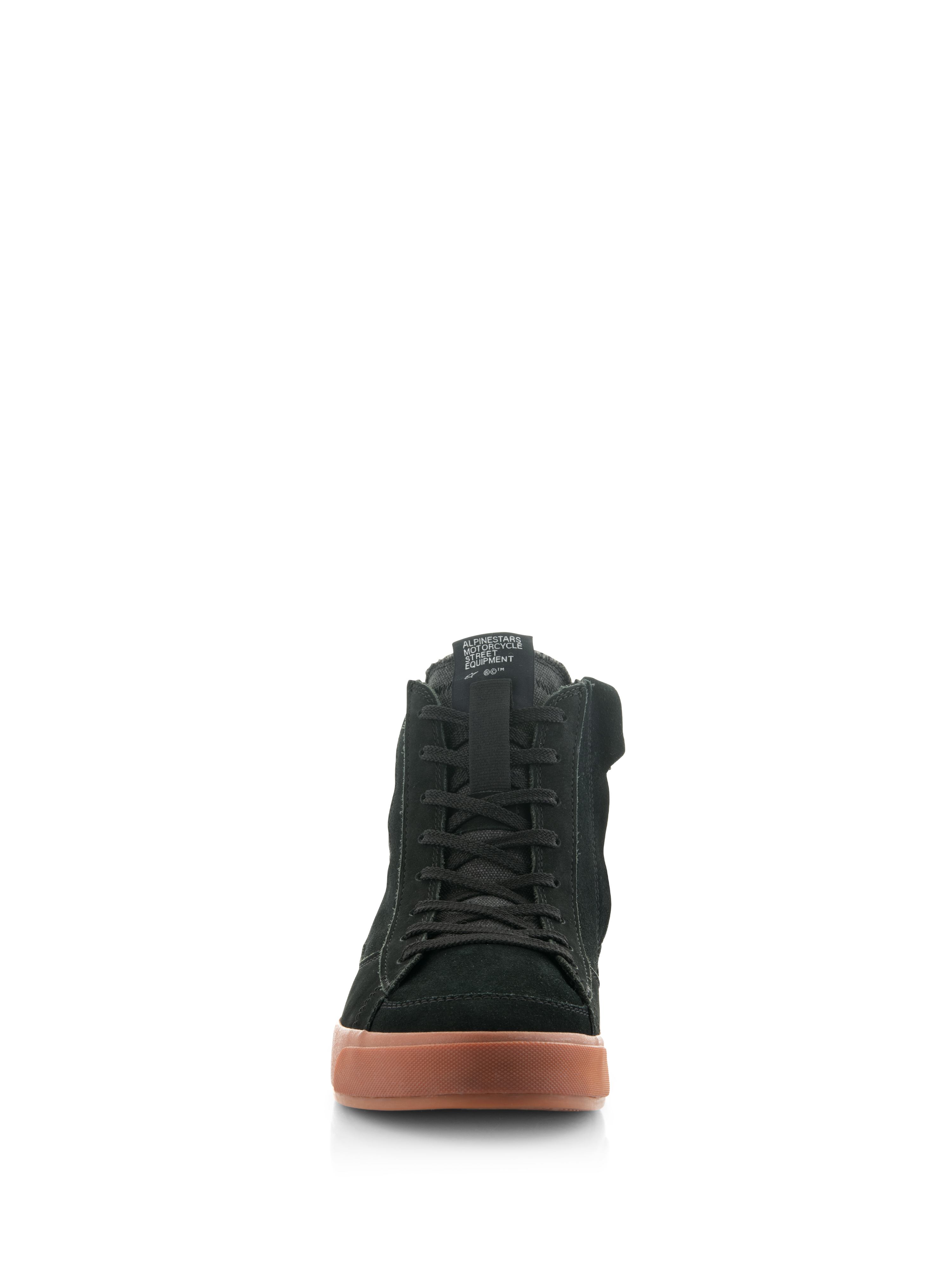 Alpinestars Stated Shoes, scarpe da moto urbane, Black Gum, vista frontale con tomaia in nabuk e camoscio nero, lacci classici e suola in gomma testurizzata, calzature protettive ispirate allo skate