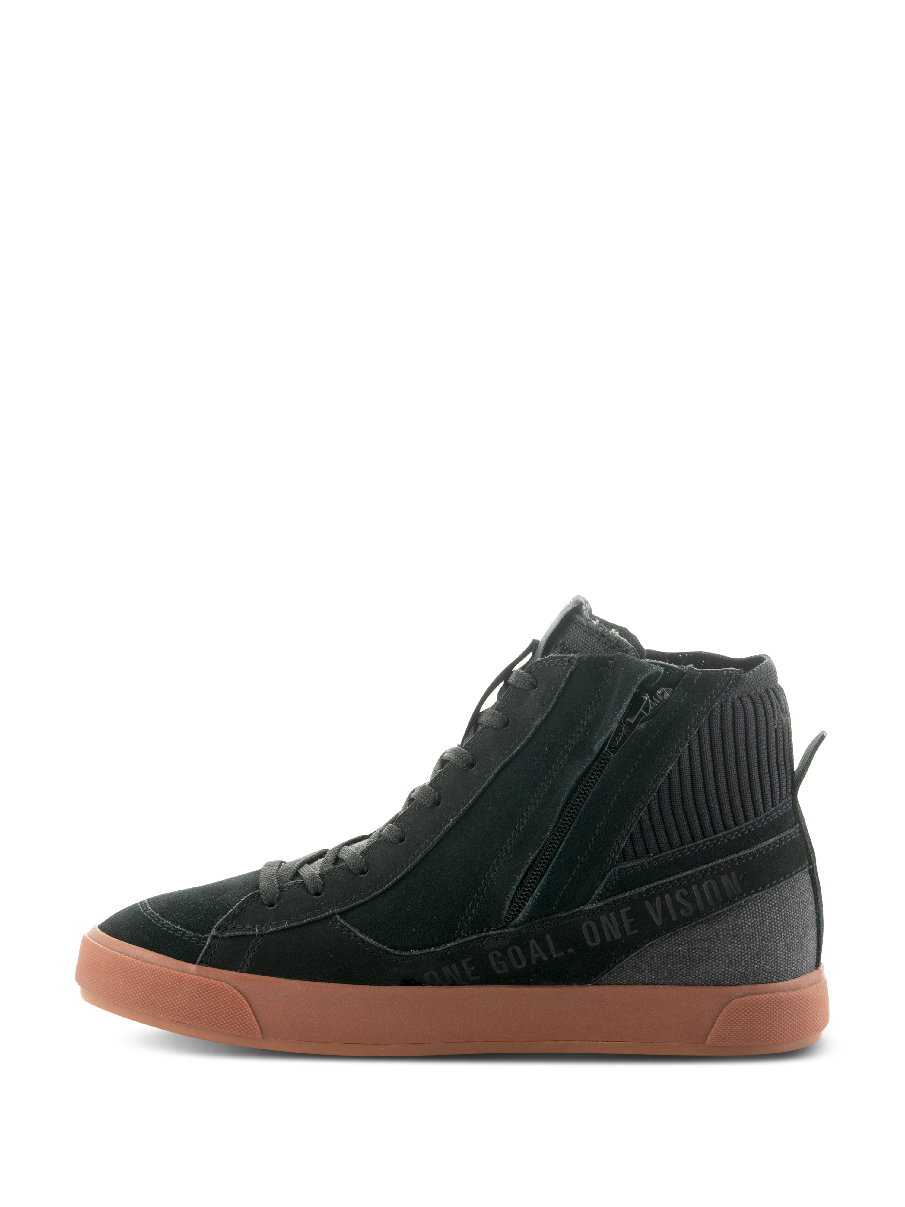 Alpinestars Stated Shoes, scarpe da moto urbane, nero e gomma, vista laterale con cerniera laterale, suola in gomma vulcanizzata e scritta 'ONE GOAL. ONE VISION.' sulla tomaia in camoscio e tela