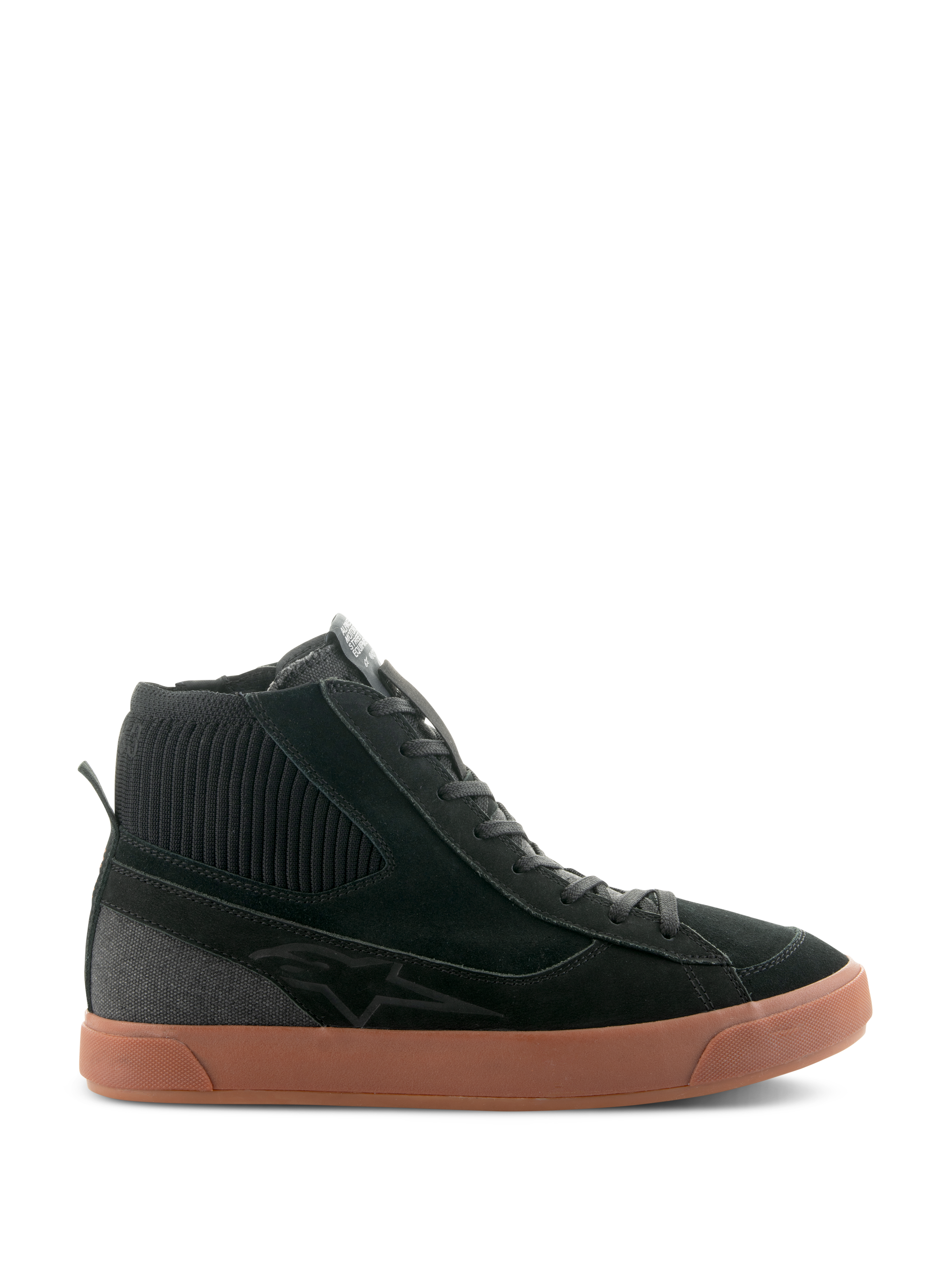 Alpinestars Stated Shoes, sneaker da moto alta nera con suola in gomma marrone, tomaia in camoscio e tela con colletto della caviglia in maglia a coste, design streetwear ispirato allo stile skate retro