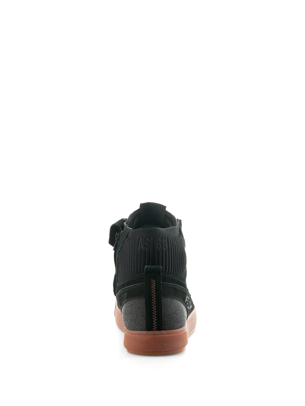 Scarpe Alpinestars Stated, scarpe da moto urbane Black Gum, vista posteriore con suola in gomma vulcanizzata, tomaia in camoscio nero e tela, colletto della caviglia in maglia a coste