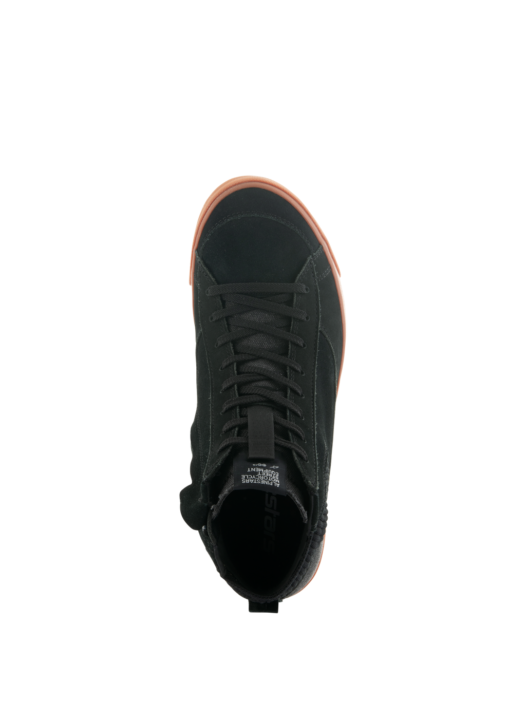Alpinestars Stated Shoes, vista dall'alto di scarpa da moto urbana, tomaia in camoscio nero con suola vulcanizzata color gomma, design minimalista ispirato allo skate, lacci classici e stile sneaker urbana