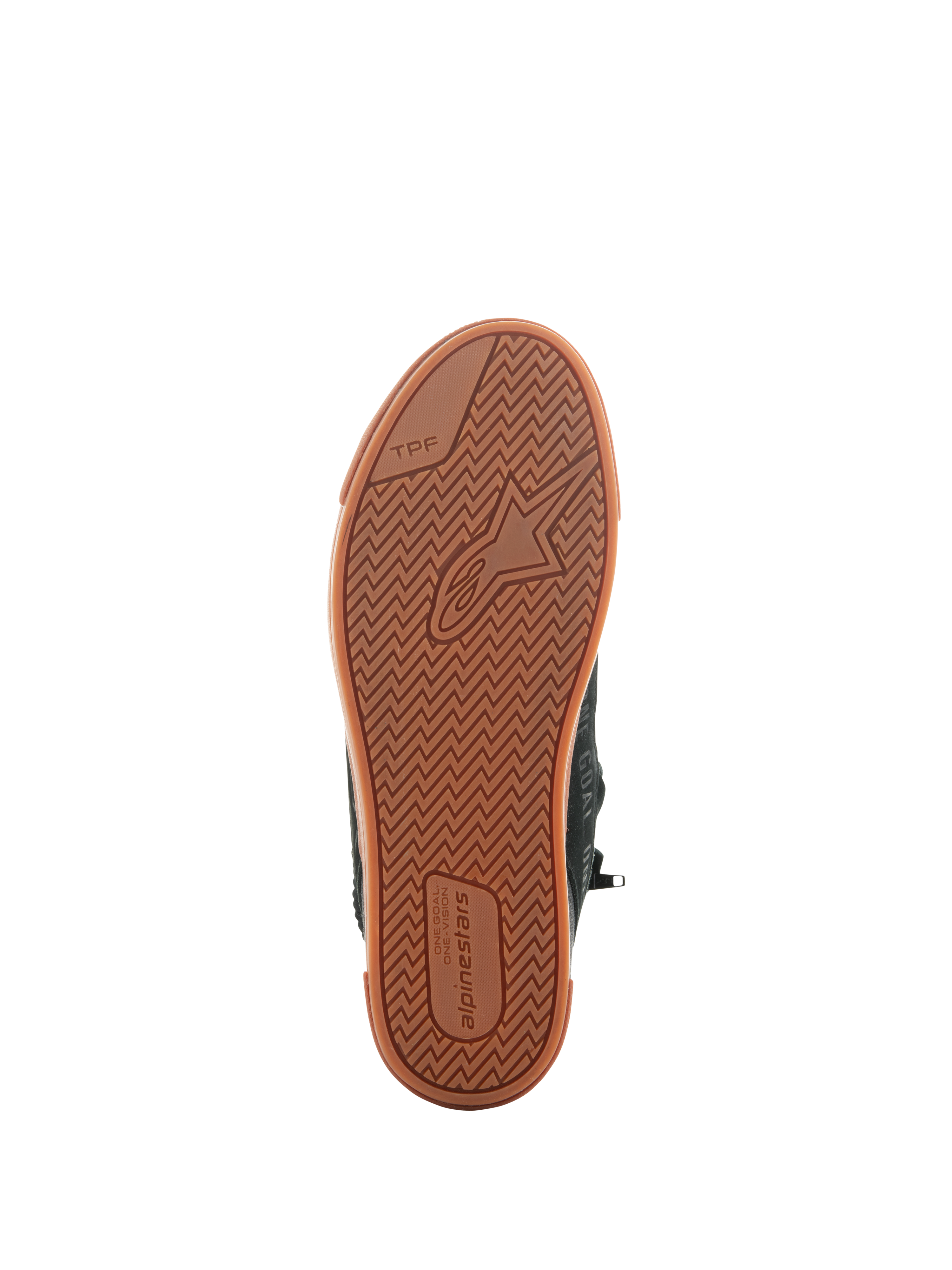 Alpinestars Stated Shoes, Black Gum, vista dal basso della suola in gomma vulcanizzata con motivo di trazione a spina di pesce, logo Alpinestars e marchio TPF (Transversal Protection Frame), calzature da moto urban