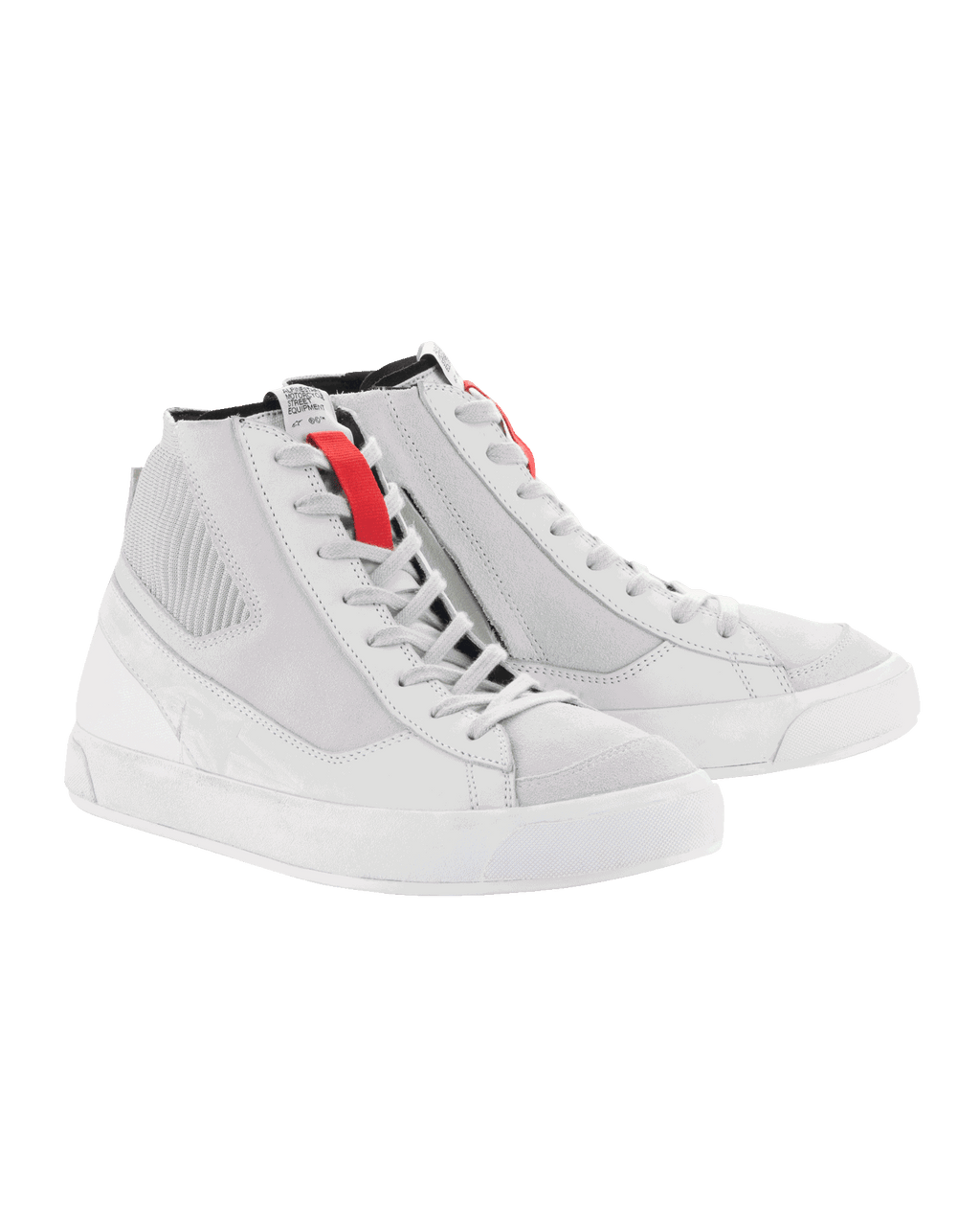 Alpinestars Stated Shoes, scarpe da moto, White Cool Gray, sneaker high-top in stile retrò con suole in gomma vulcanizzata, accenti rossi sui passanti dei lacci e costruzione resistente in nubuck e tela.