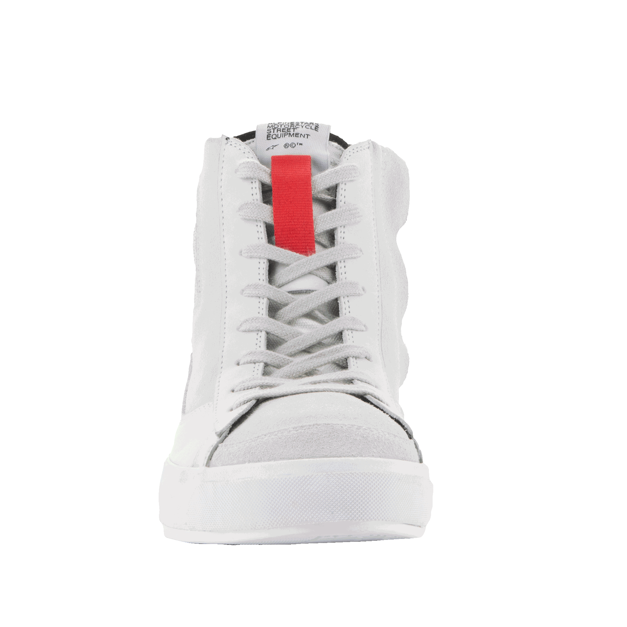 Alpinestars Stated Shoes, scarpe da moto urban, White Cool Gray, vista frontale di sneaker alta con un evidente dettaglio rosso sulla linguetta, lacci grigi e suola vulcanizzata bianca, design minimalista ispirato allo skate
