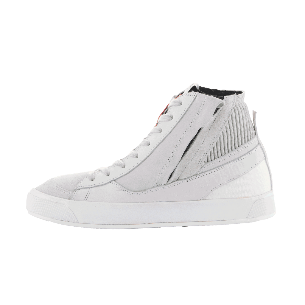 Scarpe Alpinestars Stated, scarpe da moto urban, White Cool Gray, stile sneaker street high-top, struttura in nubuck e scamosciato, cerniera laterale, suola vulcanizzata bianca, colletto della caviglia a coste