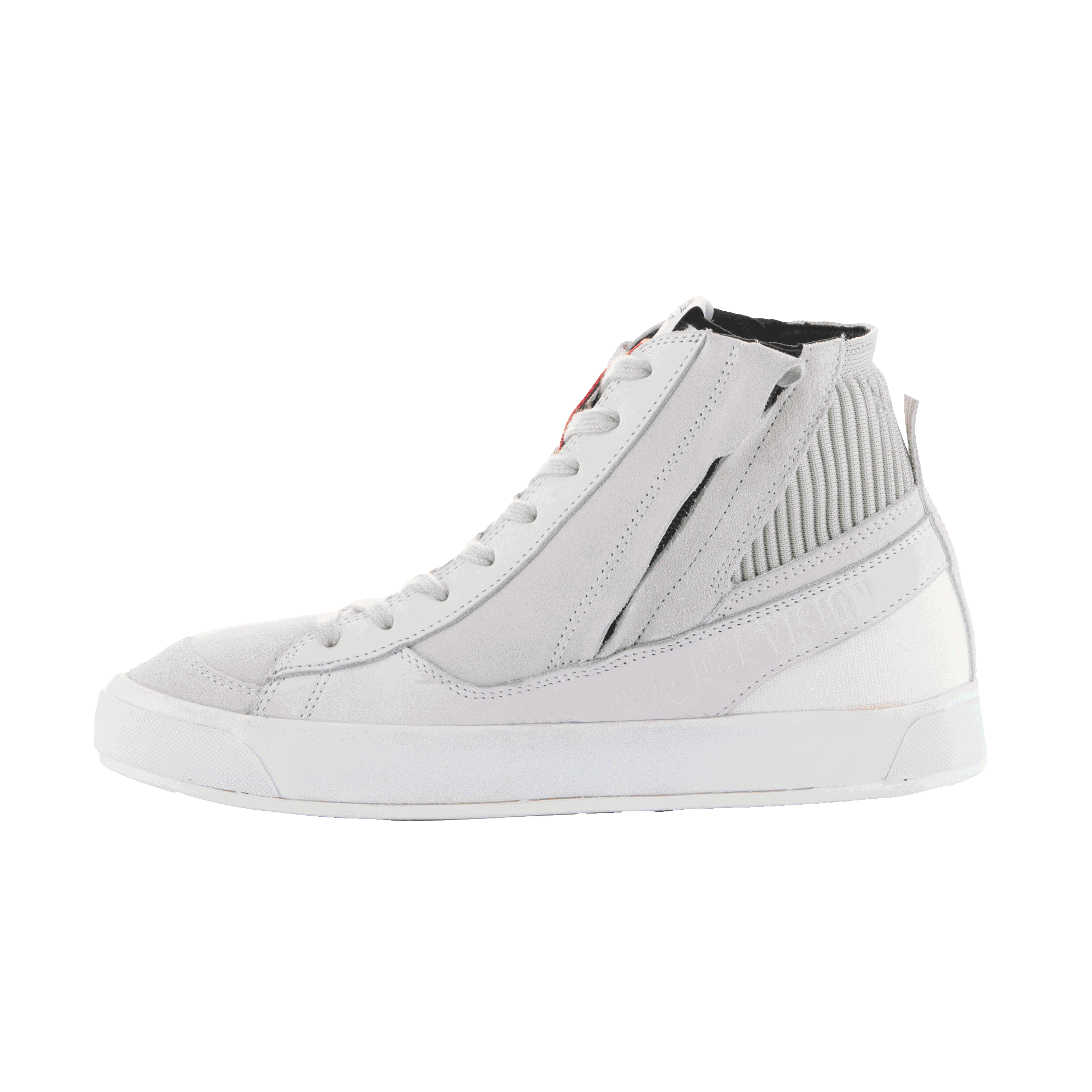 Scarpe Alpinestars Stated, scarpe da moto urban, White Cool Gray, stile sneaker street high-top, struttura in nubuck e scamosciato, cerniera laterale, suola vulcanizzata bianca, colletto della caviglia a coste