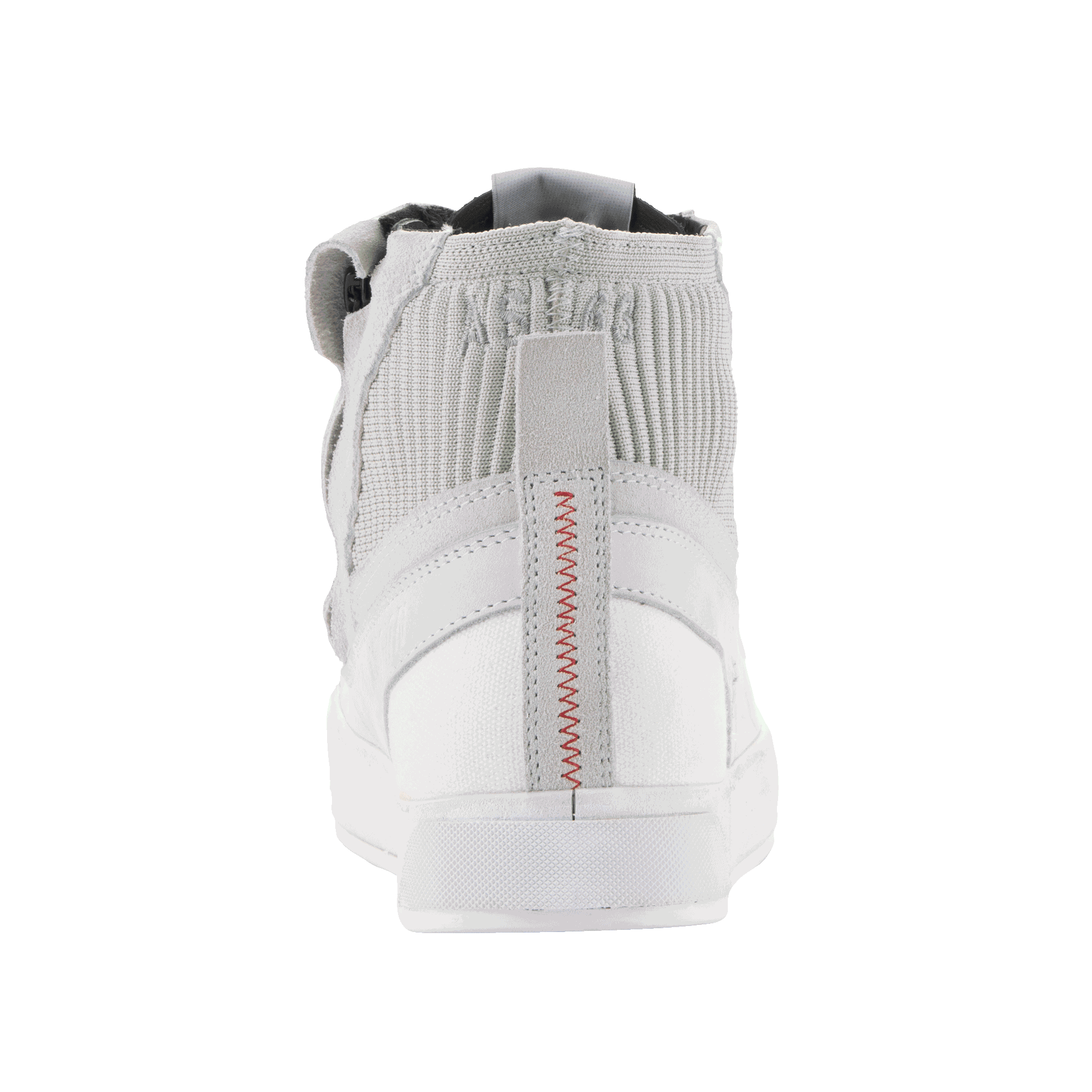 Scarpe Alpinestars Stated, scarpe da moto, Bianco Cool Gray, vista posteriore con cuciture rosse a zig-zag sul tallone, colletto della caviglia in maglia a rete e suola vulcanizzata bianca, design da sneaker urbana