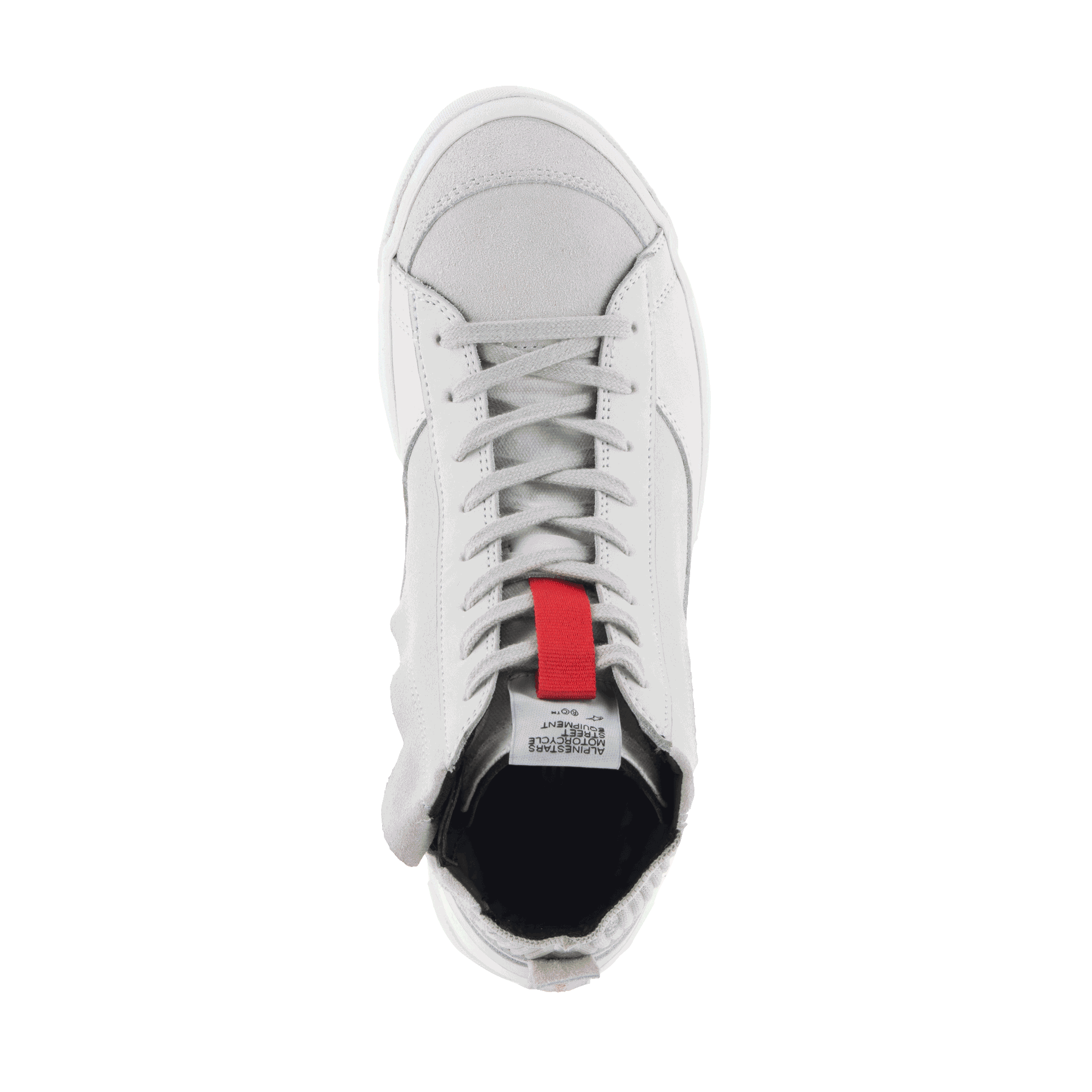 Alpinestars Stated Shoes, scarpe da moto urban, White Cool Gray, vista dall'alto con punta in pelle scamosciata e classica chiusura con lacci, dettaglio rosso sulla linguetta, design sneaker da moto ispirato allo skate retrò