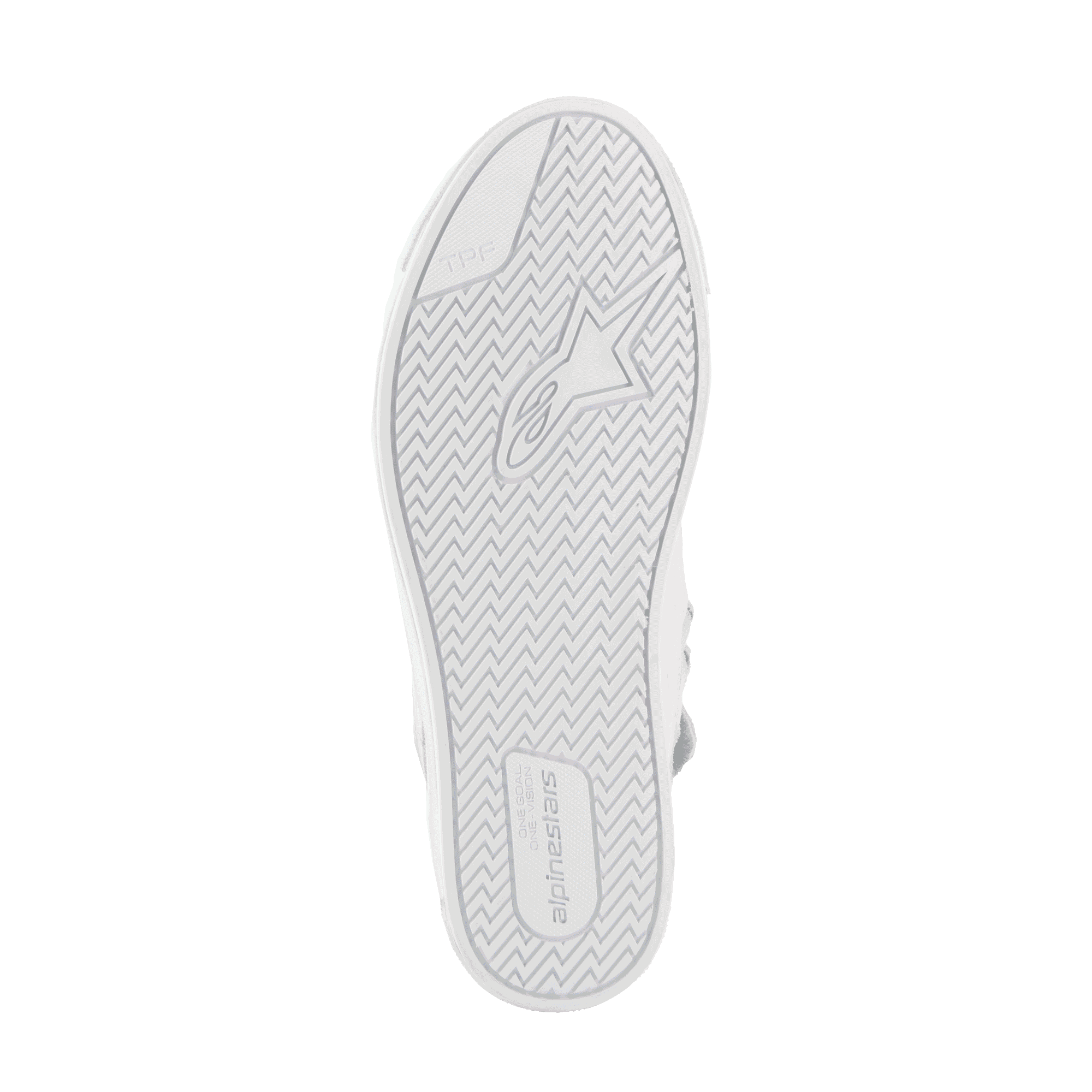 Alpinestars Stated Shoes, scarpe da moto urban, White Cool Gray, vista dal basso della suola in gomma vulcanizzata con motivo di trazione a spina di pesce, marchio Alpinestars e logo TPF (Transversal Protection Frame) per aderenza e sicurezza