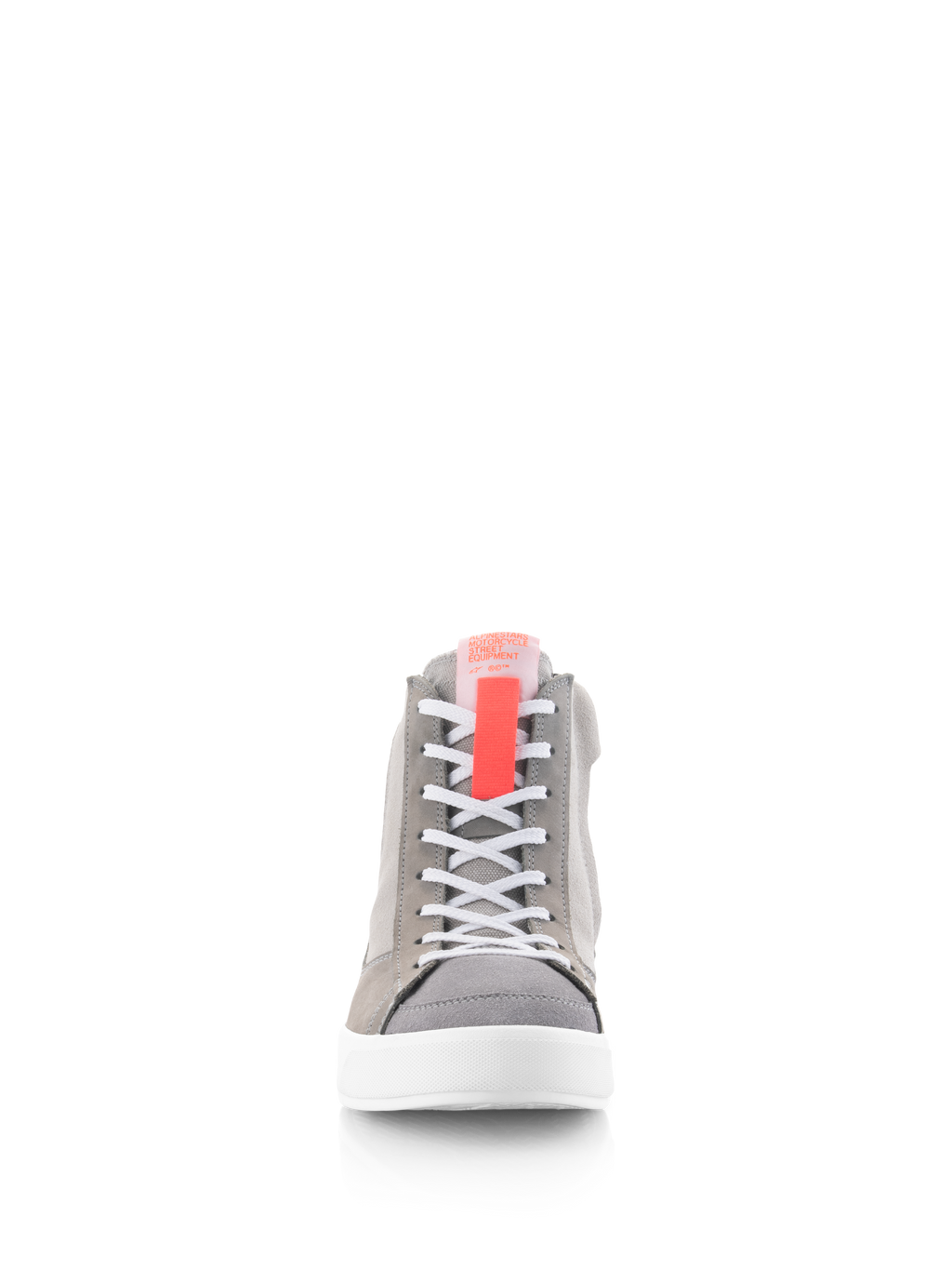 Alpinestars Stated Shoes, scarpe da moto, grigio chiaro, rosso fluo e bianco, vista frontale con lacci bianchi, linguetta rosso fluo e suola vulcanizzata bianca, stile sneaker street rétro