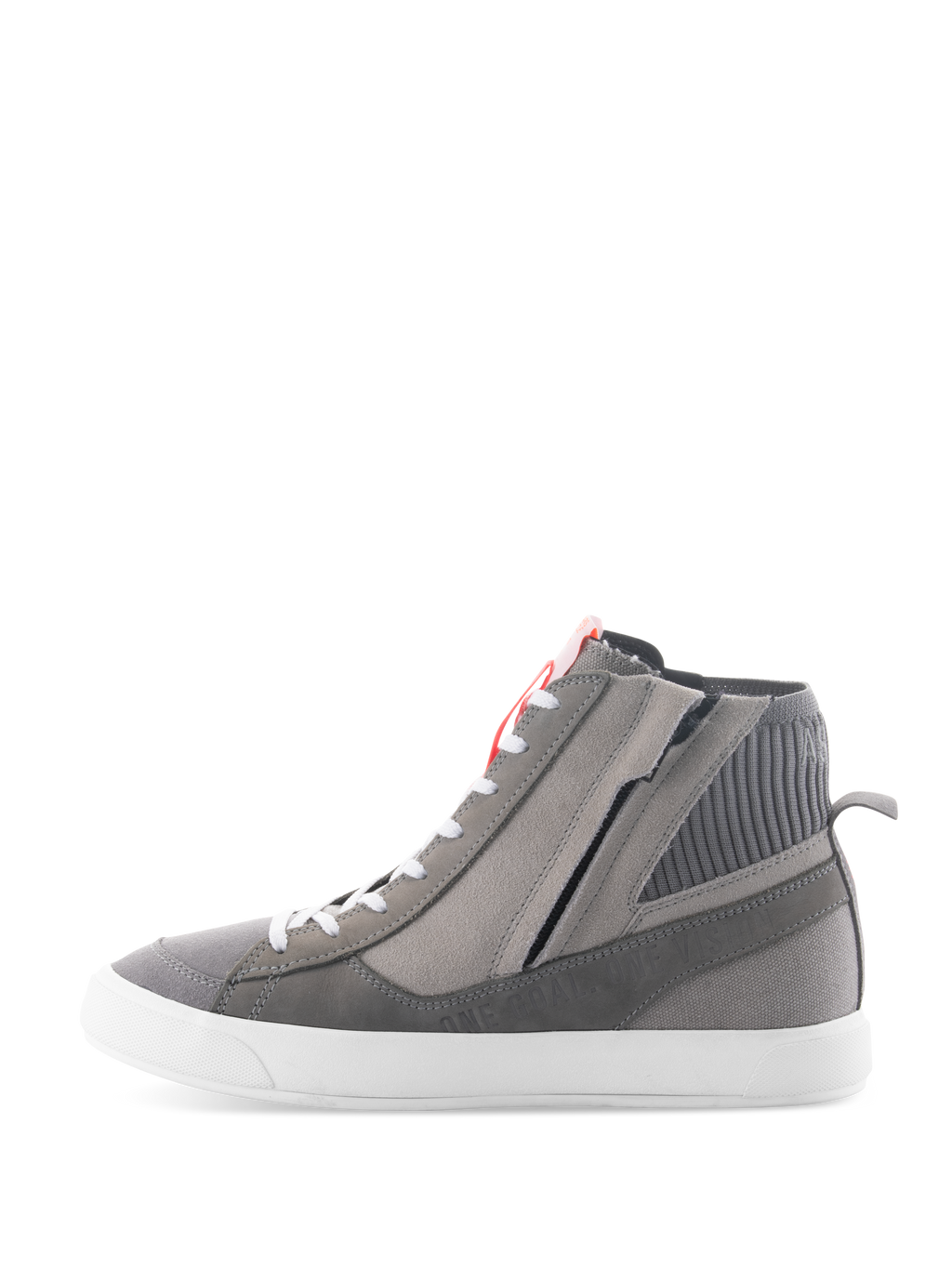 Scarpe Alpinestars Stated, scarpe da moto urbane in Grigio Chiaro Rosso Fluo Bianco, design sneaker rétro high-top con tomaia in camoscio grigio e tela, cerniera laterale e suola vulcanizzata bianca