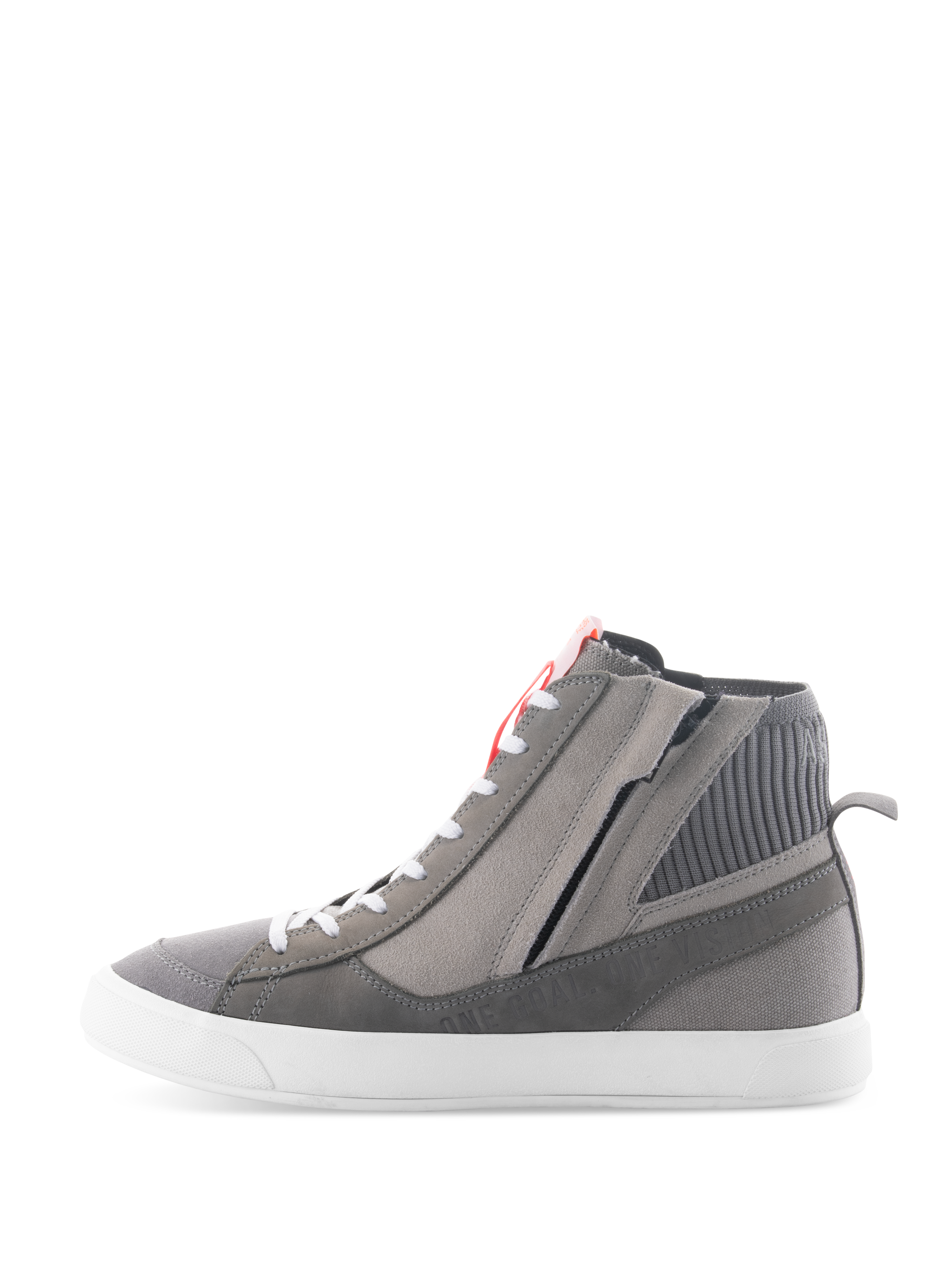 Scarpe Alpinestars Stated, scarpe da moto urbane in Grigio Chiaro Rosso Fluo Bianco, design sneaker rétro high-top con tomaia in camoscio grigio e tela, cerniera laterale e suola vulcanizzata bianca