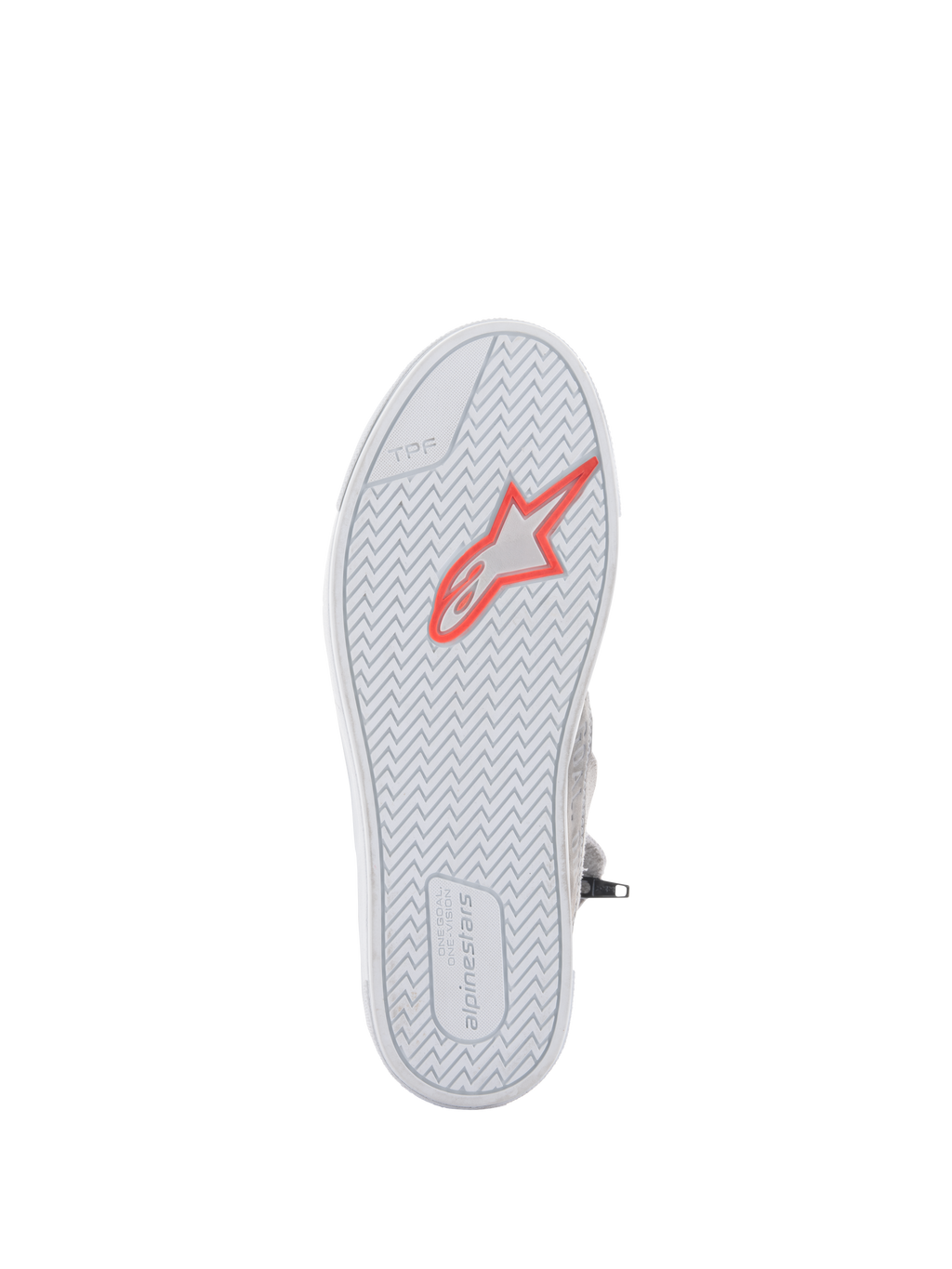 Alpinestars Stated Shoes, scarpe da moto urbane, grigio chiaro e bianco, vista inferiore della suola in gomma vulcanizzata con logo a stella rosso fluo, battistrada a spina di pesce per l'aderenza, marcatura TPF e branding Alpinestars sul tallone