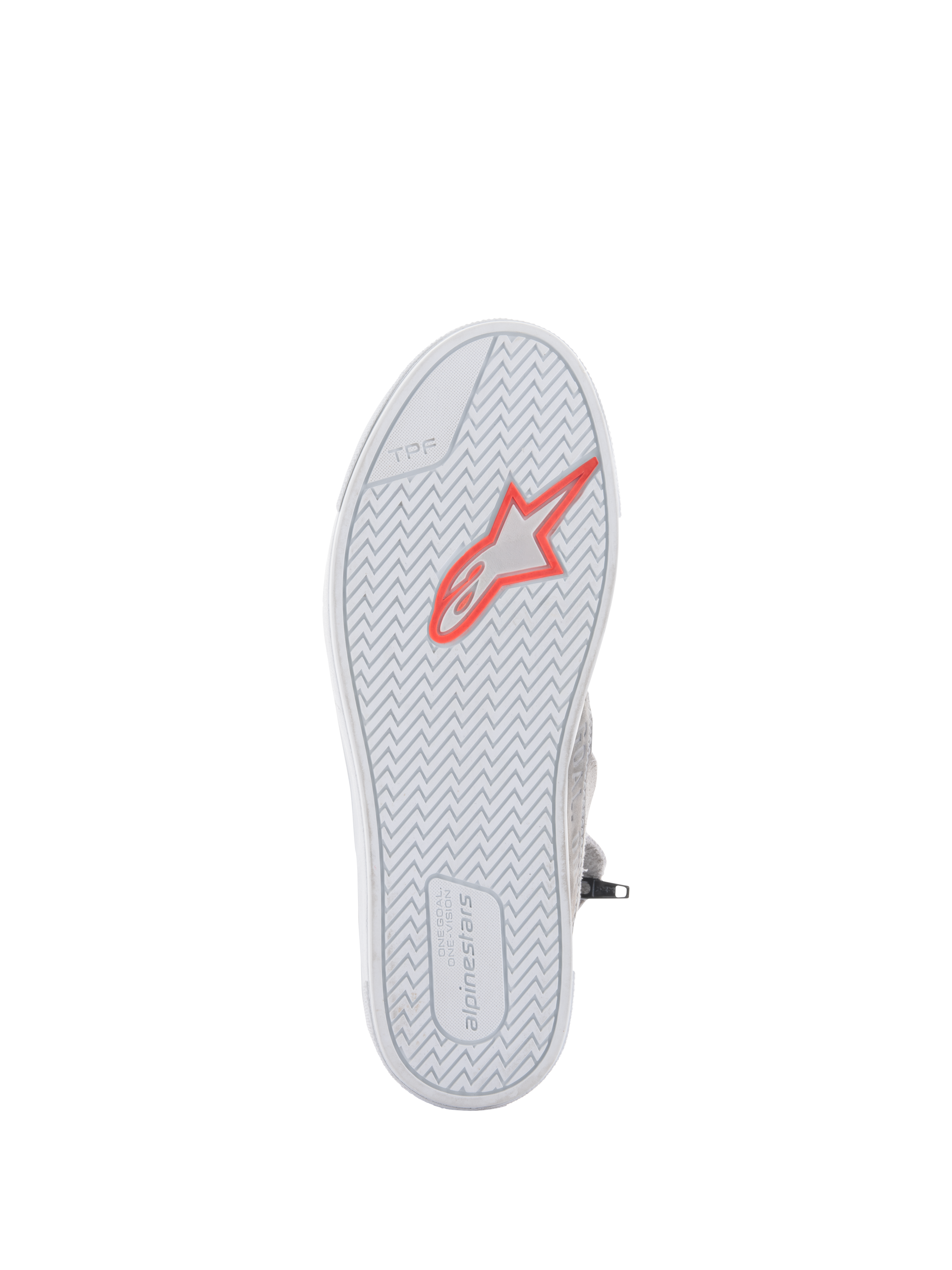 Alpinestars Stated Shoes, scarpe da moto urbane, grigio chiaro e bianco, vista inferiore della suola in gomma vulcanizzata con logo a stella rosso fluo, battistrada a spina di pesce per l'aderenza, marcatura TPF e branding Alpinestars sul tallone