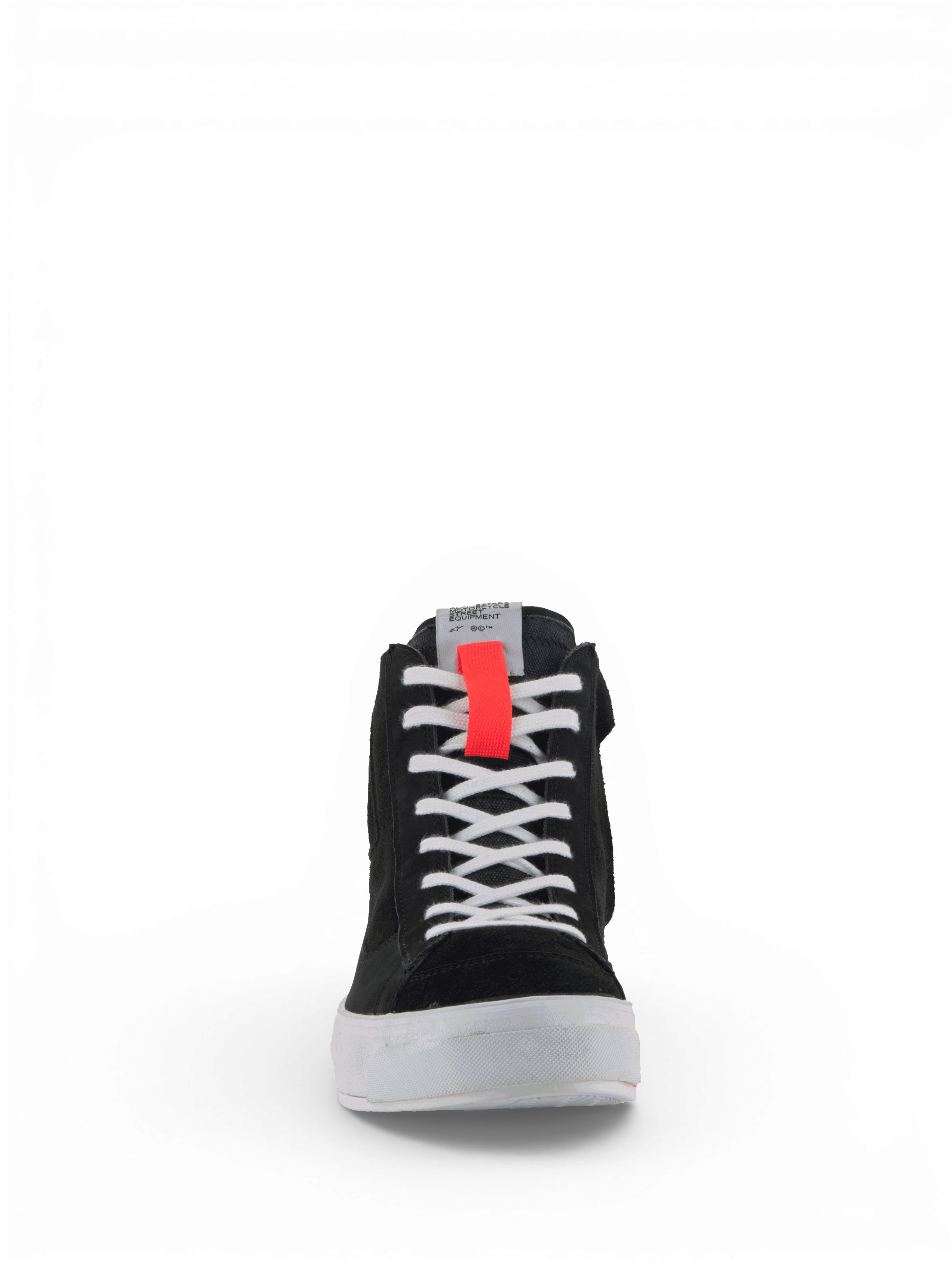 Alpinestars Scarpe Stella Stated Podium, scarpe da moto urban da donna, nero e bianco con dettaglio rosso, sneaker retro in stile skate con suola vulcanizzata e stringhe bianche.