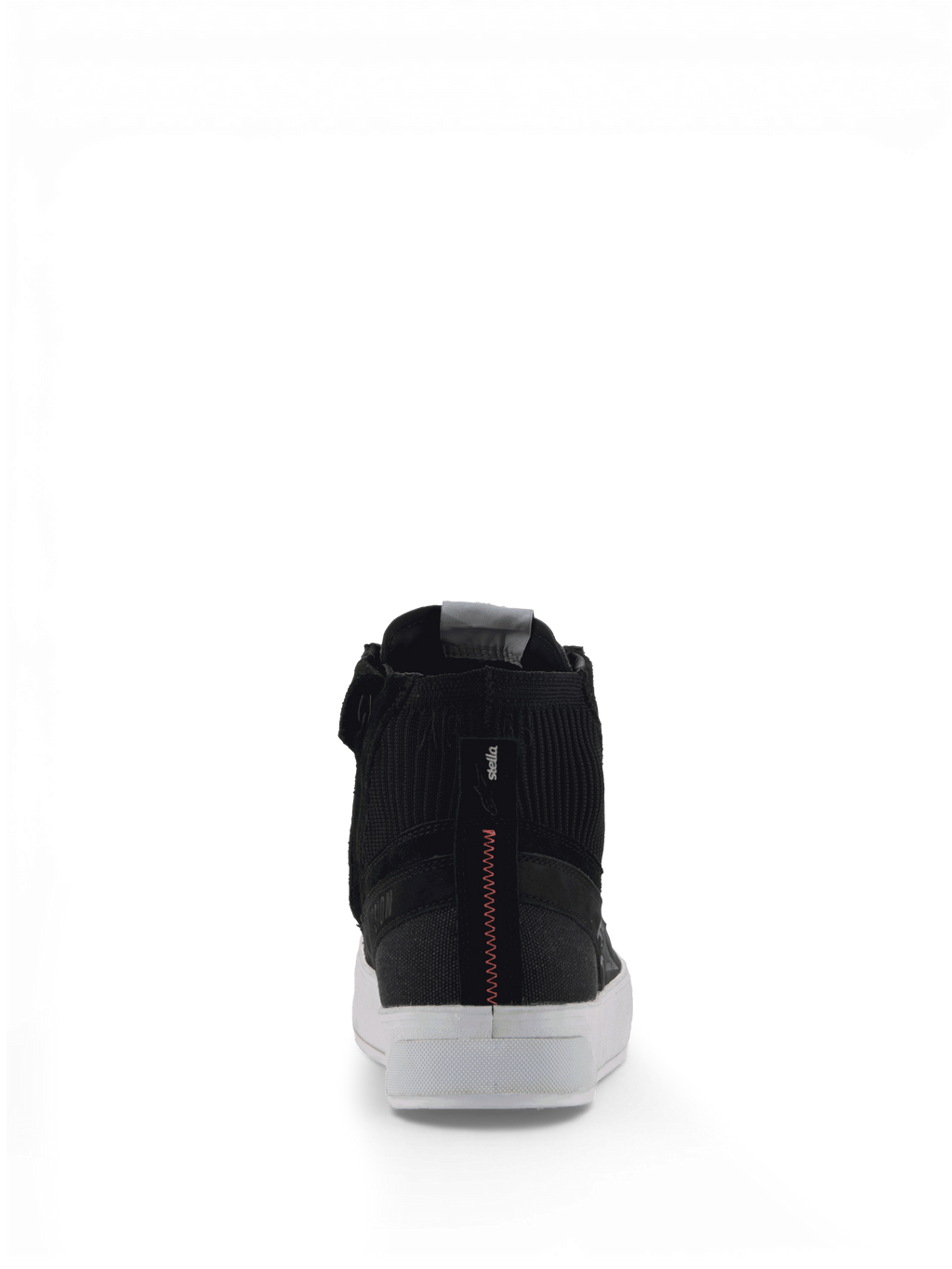 Alpinestars scarpe Stella Stated Podium, scarpe da moto urban da donna, vista posteriore, nero e bianco con cuciture rosse a zigzag sul tallone, suola vulcanizzata bianca, certificate CE