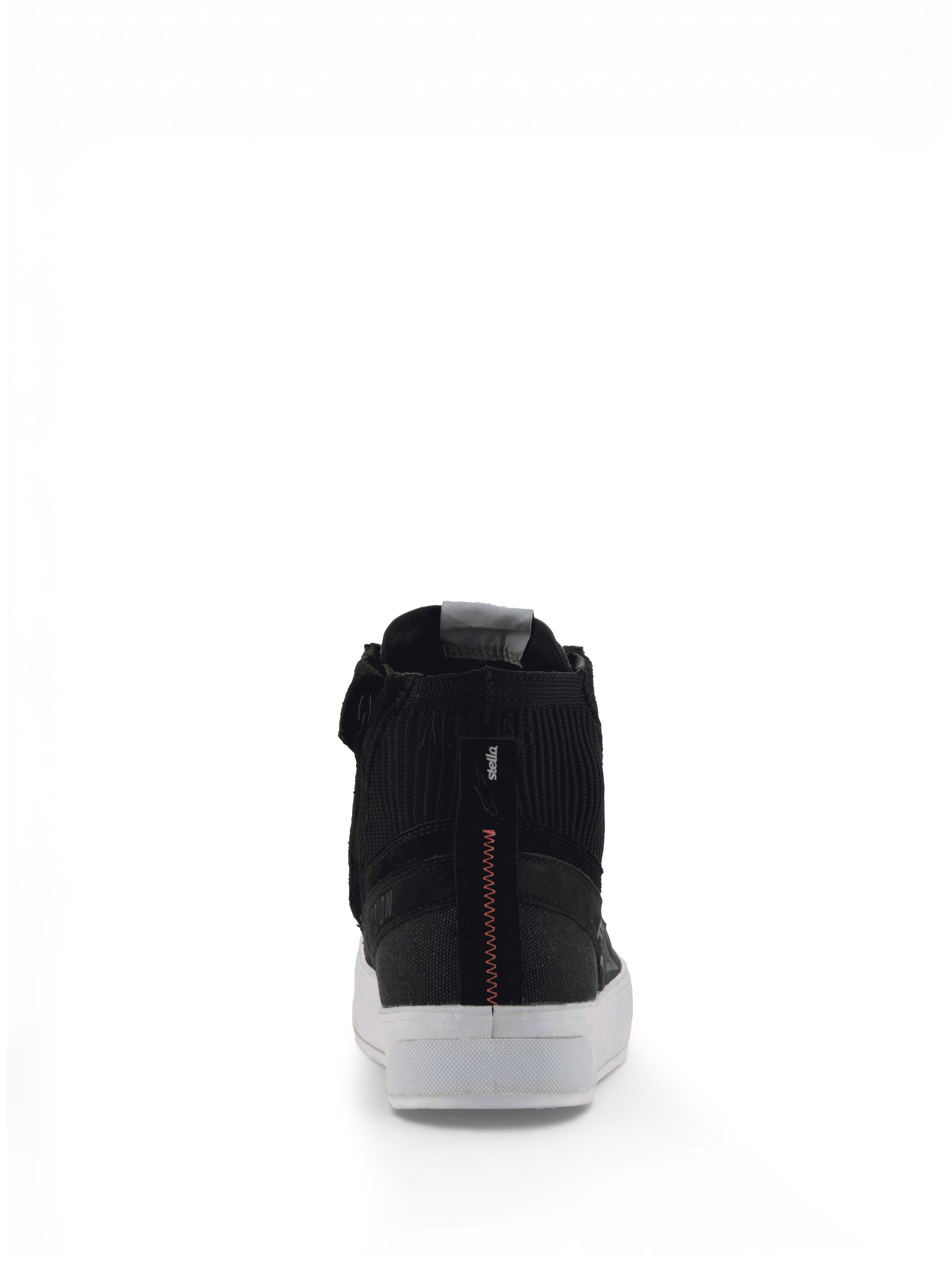 Alpinestars scarpe Stella Stated Podium, scarpe da moto urban da donna, vista posteriore, nero e bianco con cuciture rosse a zigzag sul tallone, suola vulcanizzata bianca, certificate CE