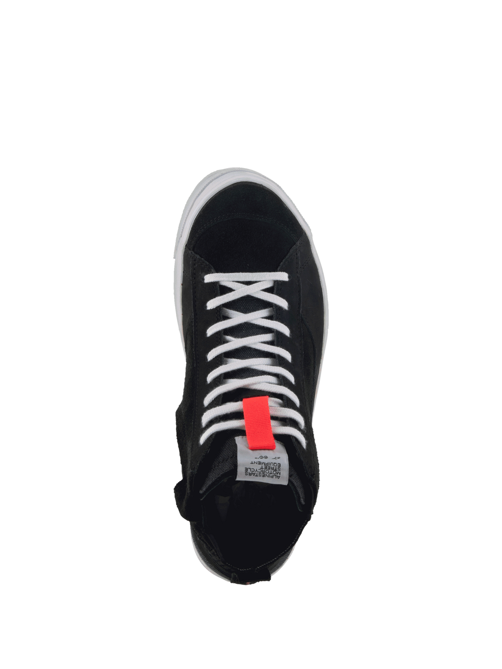 Alpinestars Stella Stated Podium, scarpe da moto urban per donna, nere e bianche con dettaglio rosso, vista dall'alto della struttura in pelle scamosciata e tela.