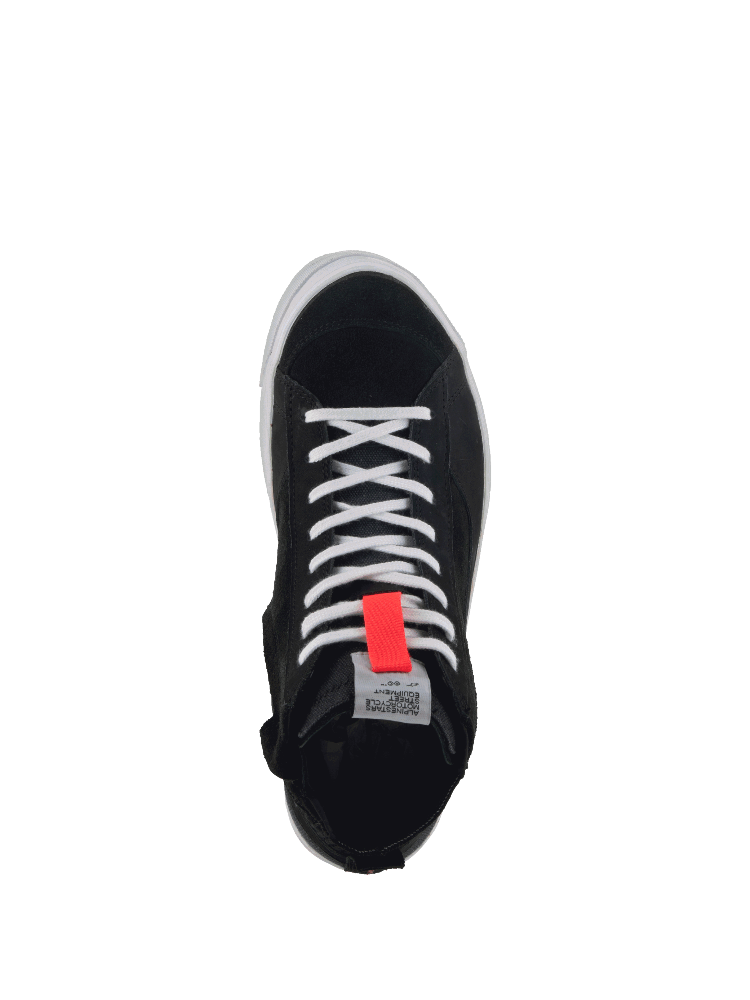 Alpinestars Stella Stated Podium, scarpe da moto urban per donna, nere e bianche con dettaglio rosso, vista dall'alto della struttura in pelle scamosciata e tela.