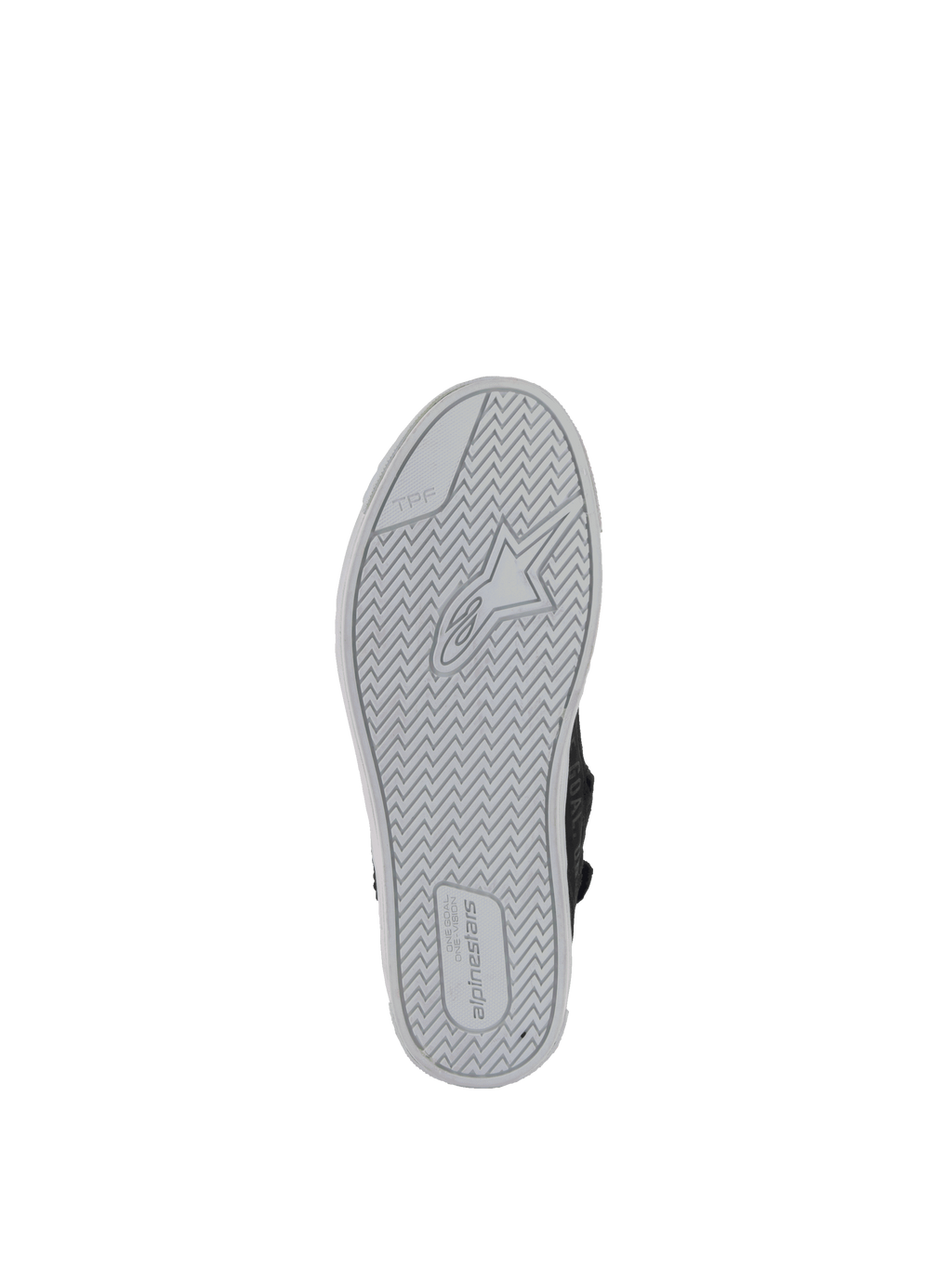 Alpinestars Scarpe Stella Stated Podium, scarpe da moto urban da donna, nero e grigio chiaro, vista della suola in gomma vulcanizzata con logo Alpinestars e protezione TPF