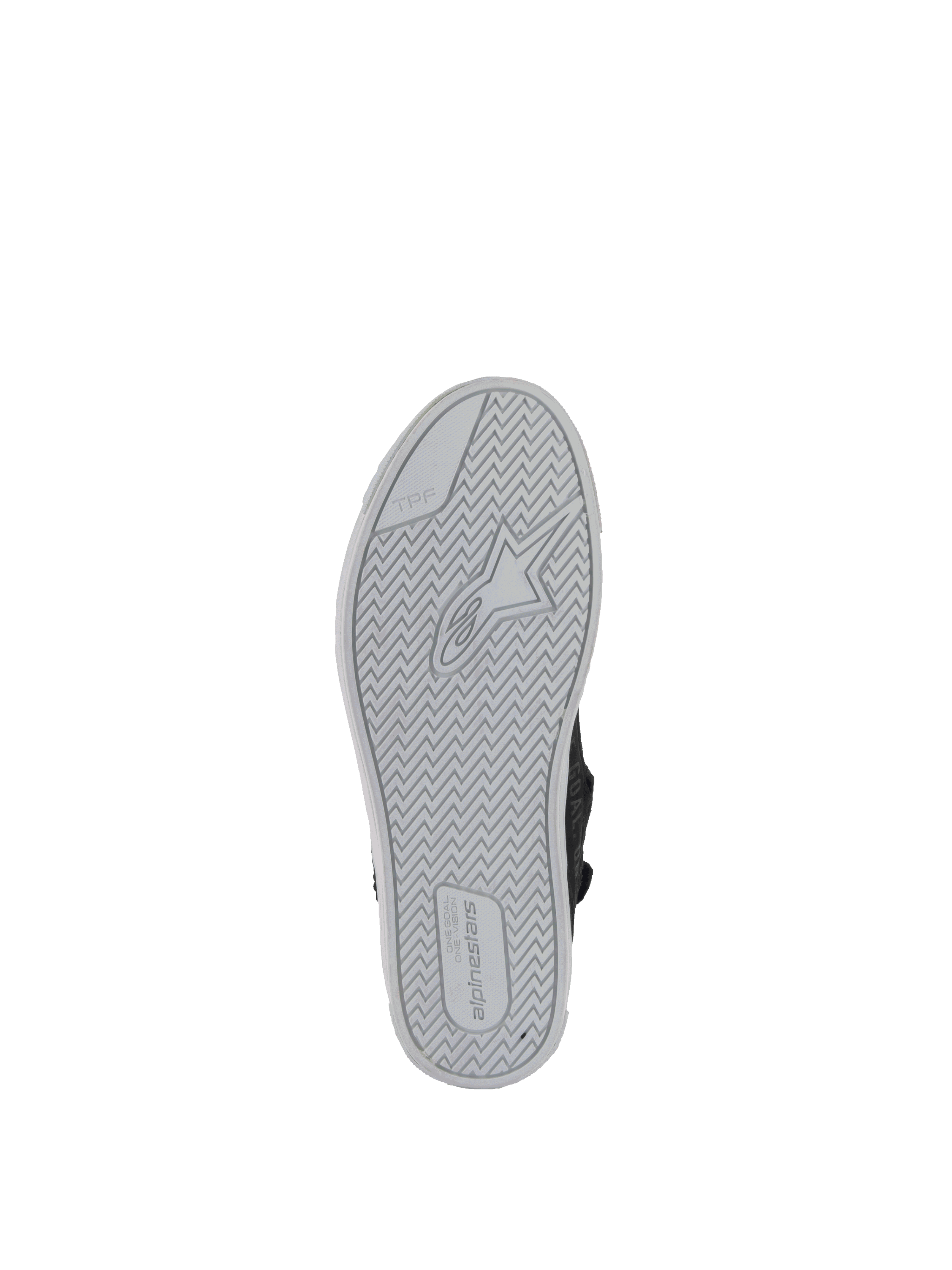 Alpinestars Scarpe Stella Stated Podium, scarpe da moto urban da donna, nero e grigio chiaro, vista della suola in gomma vulcanizzata con logo Alpinestars e protezione TPF