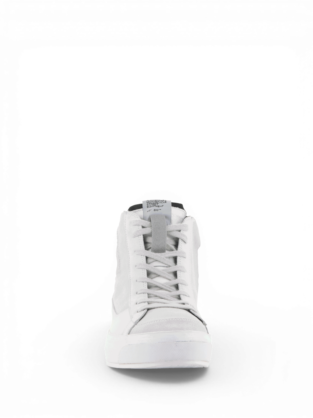 Alpinestars Scarpe Stella Stated Podium, scarpe da moto urban da donna, bianco e grigio freddo, vista frontale con lacci.