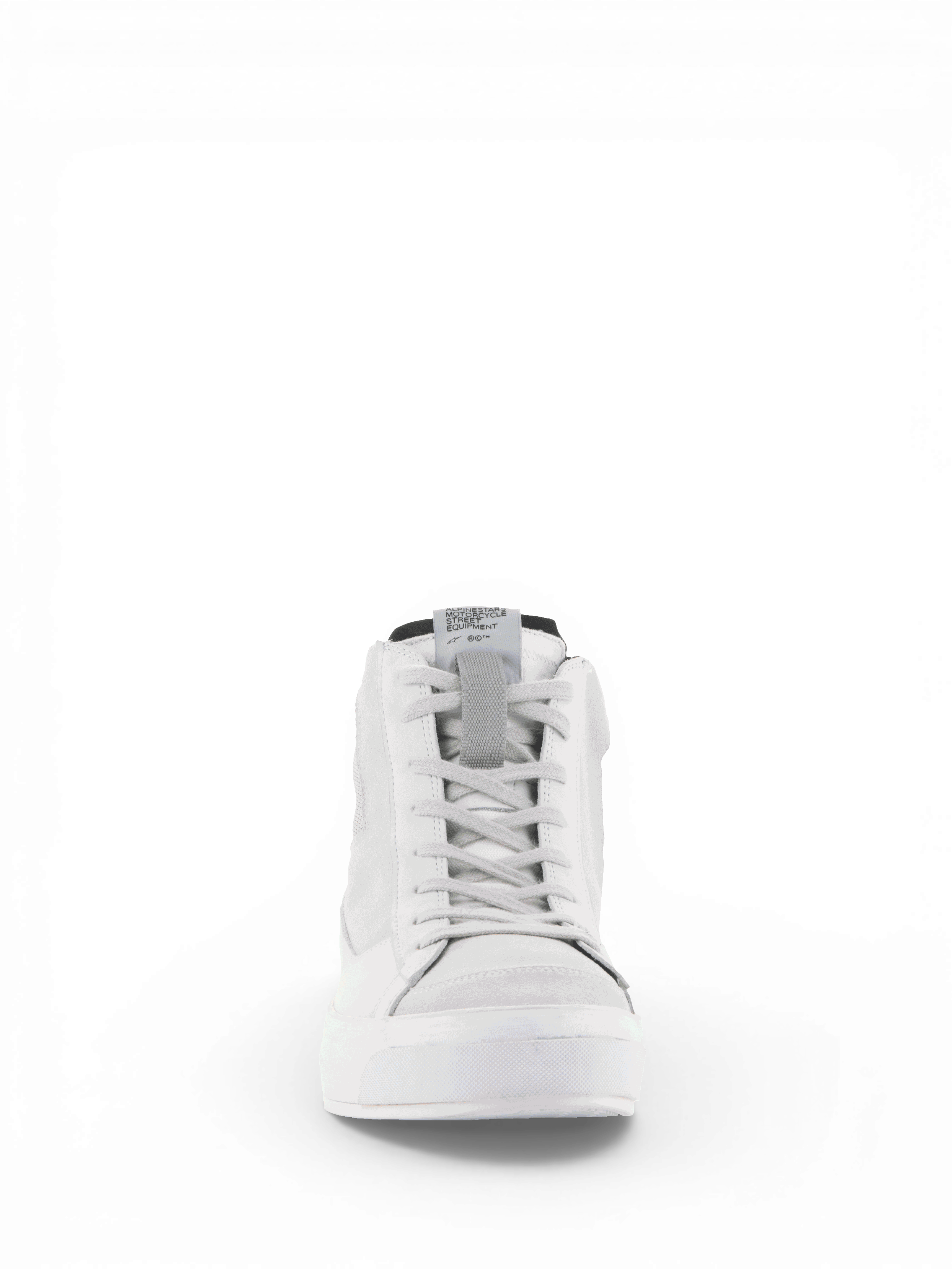 Alpinestars Scarpe Stella Stated Podium, scarpe da moto urban da donna, bianco e grigio freddo, vista frontale con lacci.