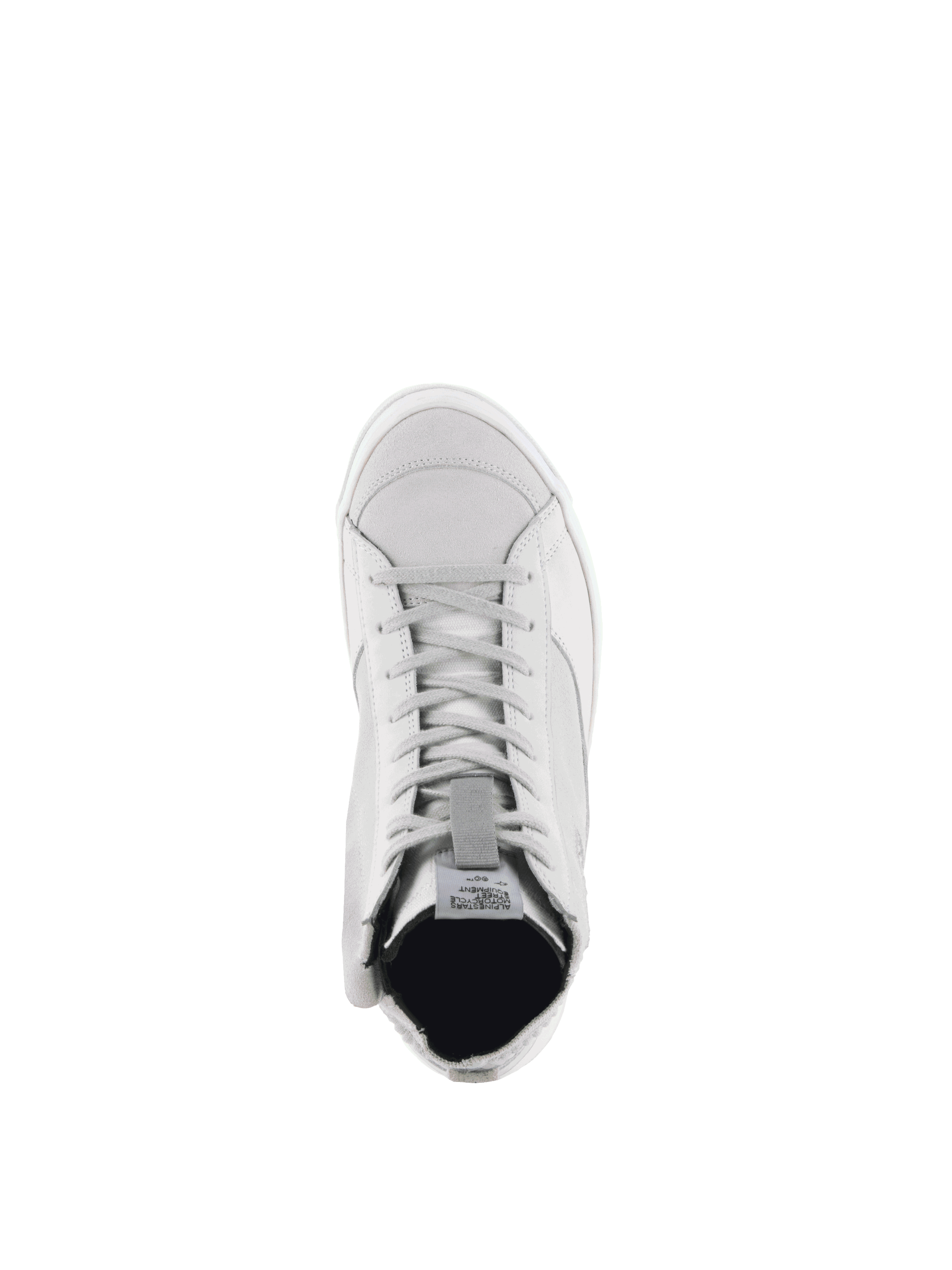 Alpinestars Scarpe Stella Stated Podium, scarpe da moto urban da donna in pelle, bianco e grigio freddo, vista dall'alto.
